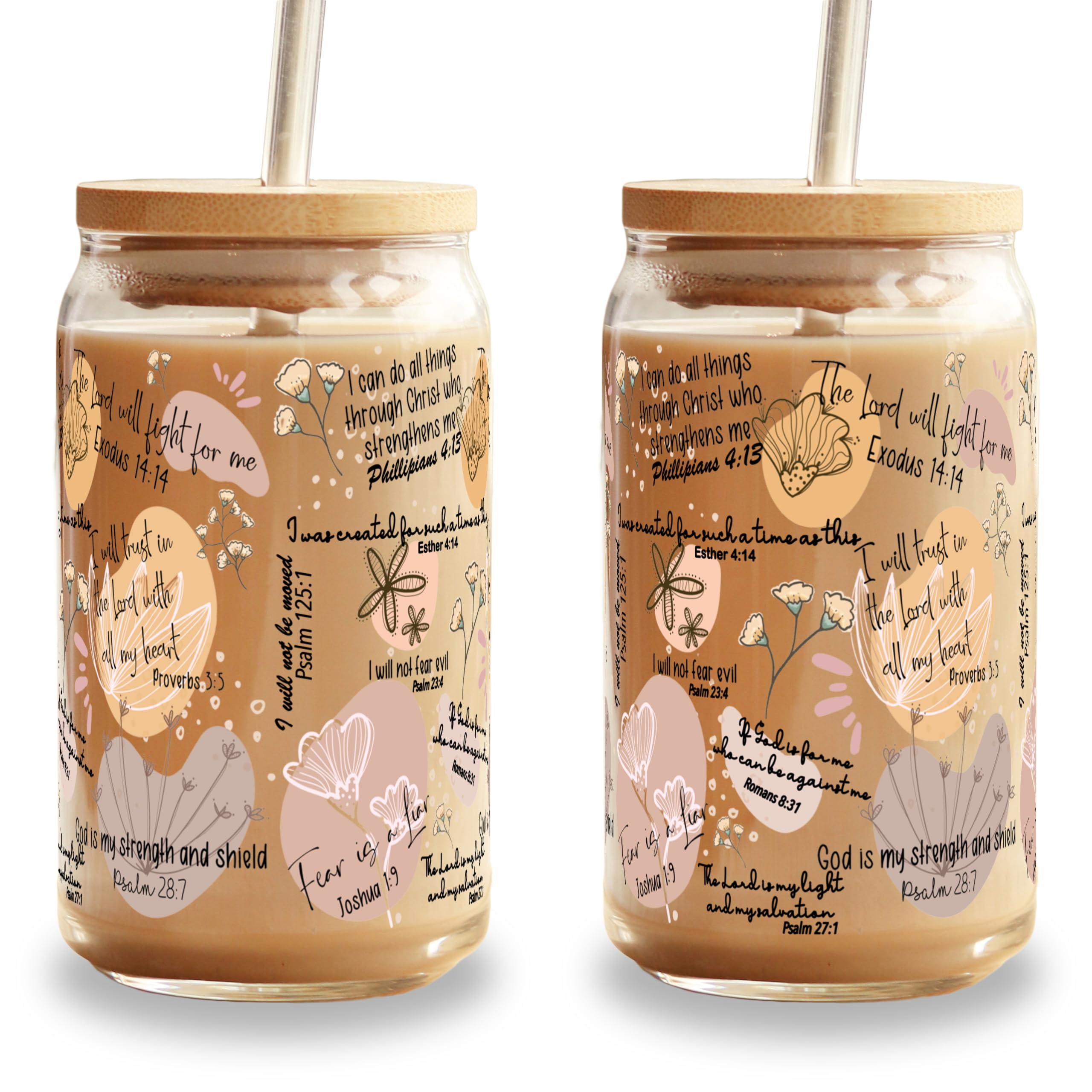 Christian Affirmation Iced Coffee Tumbler with Bible Verses - 20oz Glass Cup with Lid & Straw - Inspirational Christian Gift for Women & Men - Perfect for Church, Bible Study, Easter & Daily Devotions