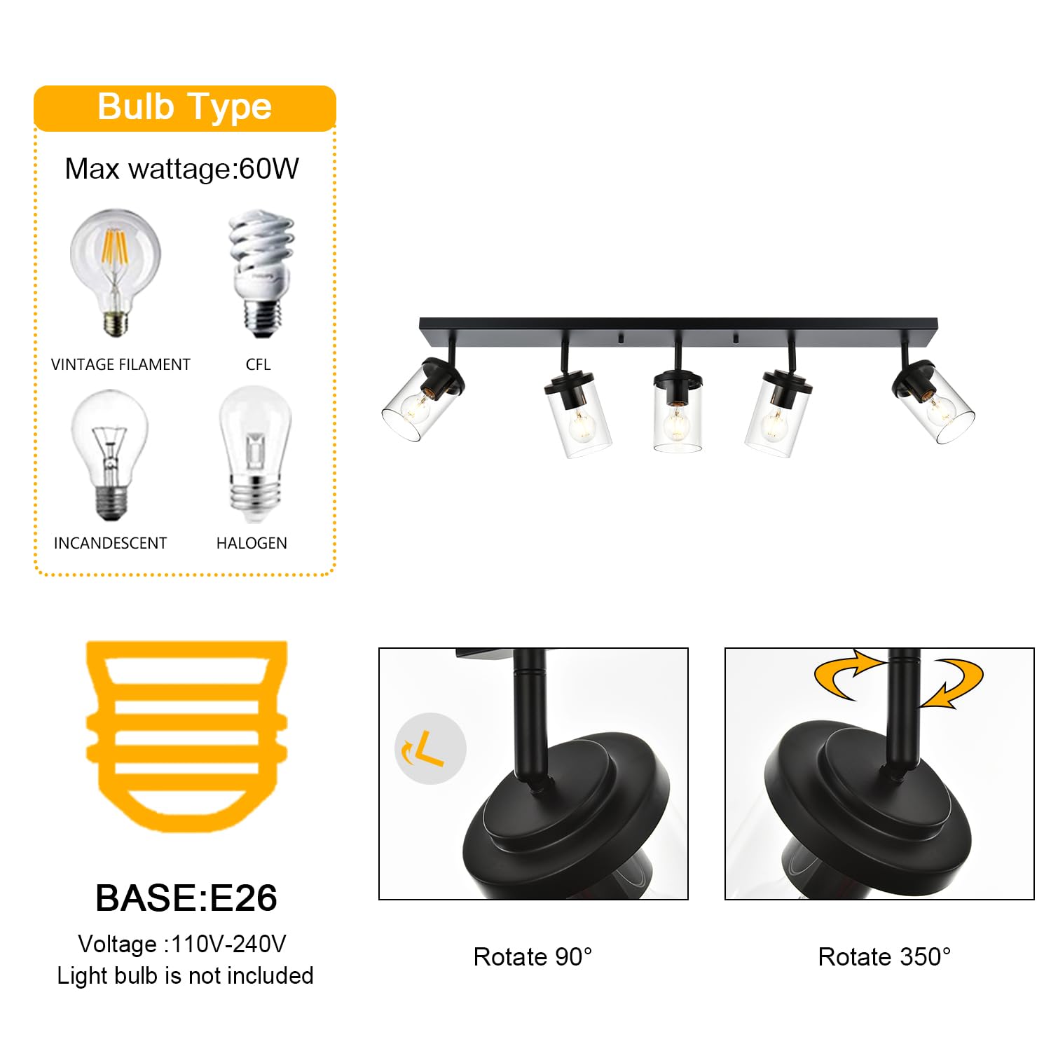 BONLICHT 5-Light Black Track Lighting Kit - Modern Semi Flush Mount Ceiling Spot Lights Fixture with Clear Glass Shade - Industrial Vanity Light for Bathroom, Kitchen, Living Room & Bedroom - Perfect for Home, Office and Commercial Spaces