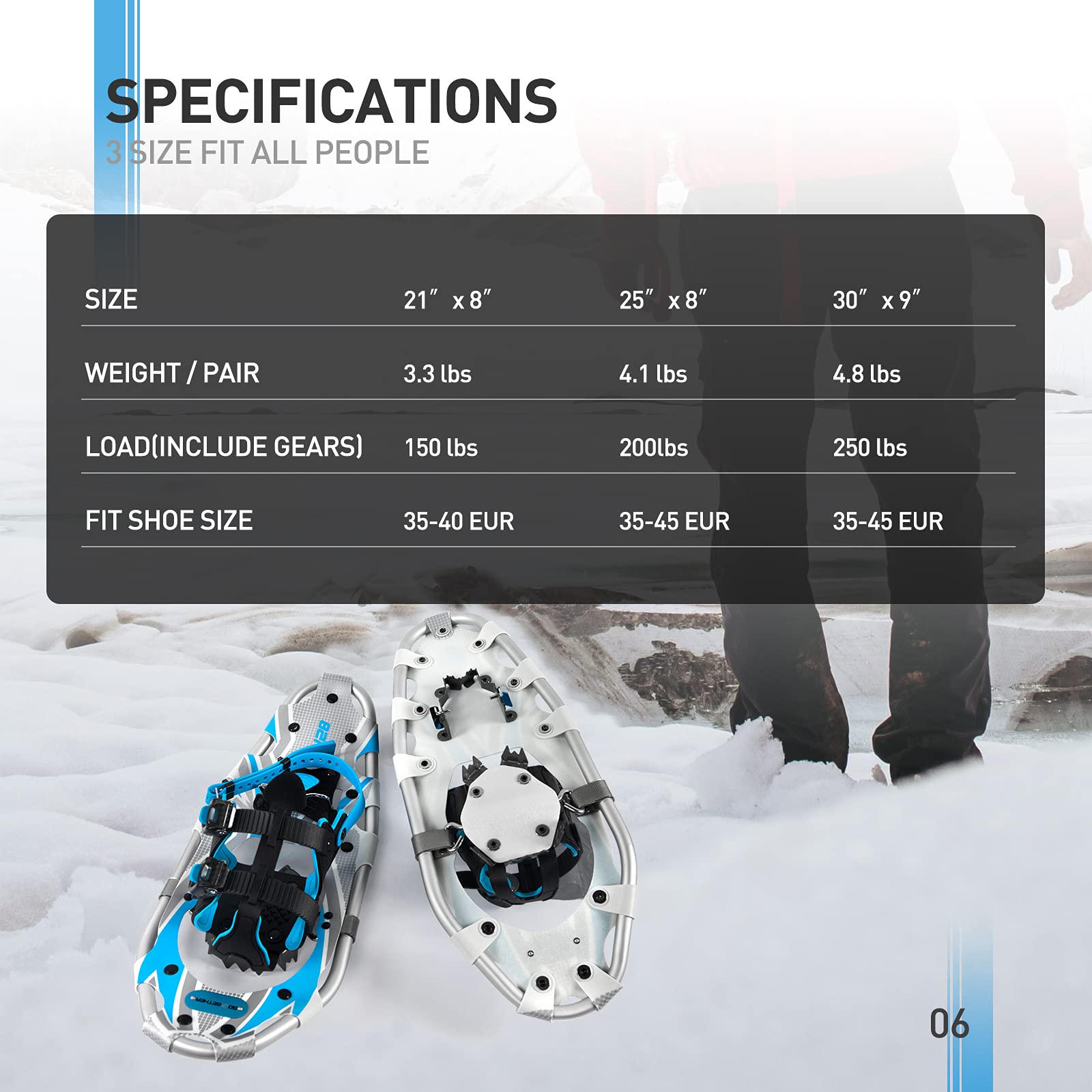 G2 21/25/30/36 Inch Lightweight Snowshoes with Toe Box - EVA Padded Ratchet Binding, Heel Lift & Flexible Pivot Bar - Durable Back Strap, Trekking Poles & Carrying Bag Included - 6 Color Options for Winter Hiking, Backpacking & Snow Adventures