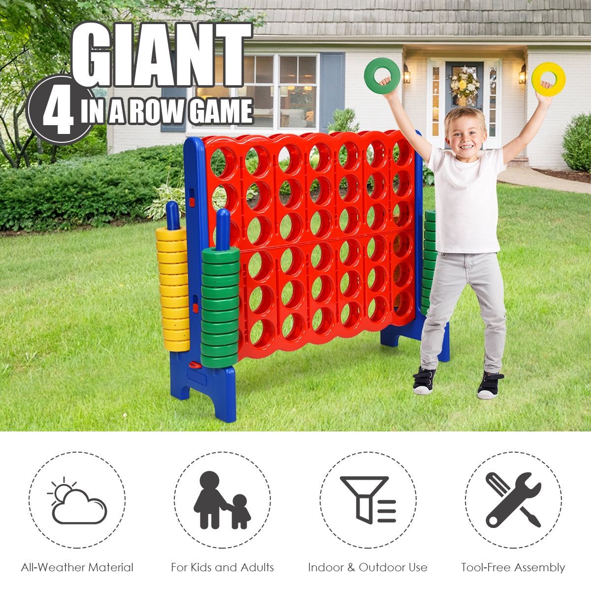 Jumbo 4 to Score Giant Board Game Set - 42 Oversized Rings with Quick Release Slider - Fun Family Game Night & Outdoor Party Activity (Blue)