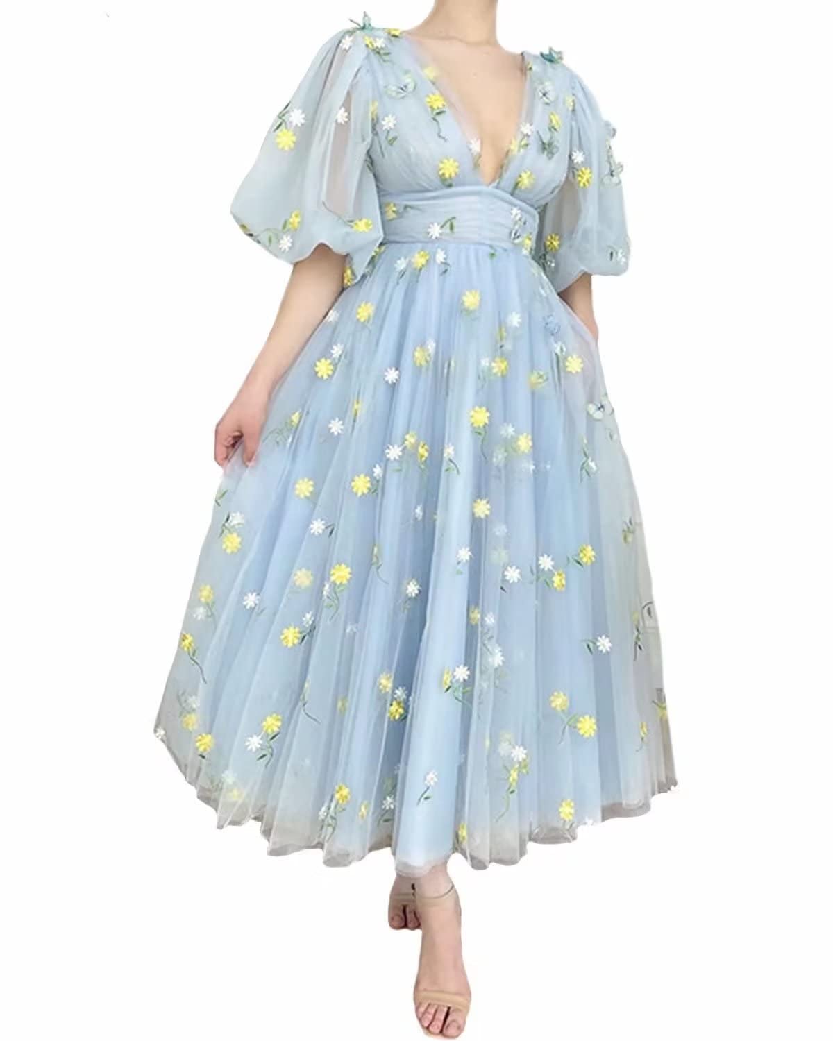 Fivsole Women's Blue Floral Embroidery Puffy Sleeve Prom Dress - Short Tulle Formal Evening Gown for Homecoming, Party & Special Occasions