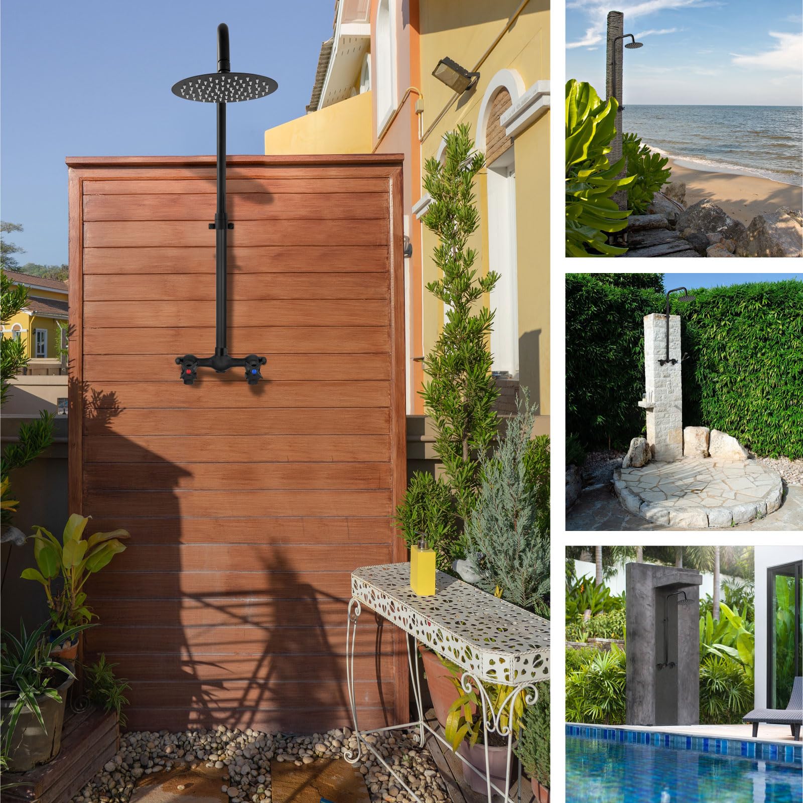 Aolemi Outdoor Shower Kit - 8 Inch Rainfall Shower Head with Double Handle - Adjustable Height Matte Black - Perfect for Poolside, Garden, Camping & Beach Use