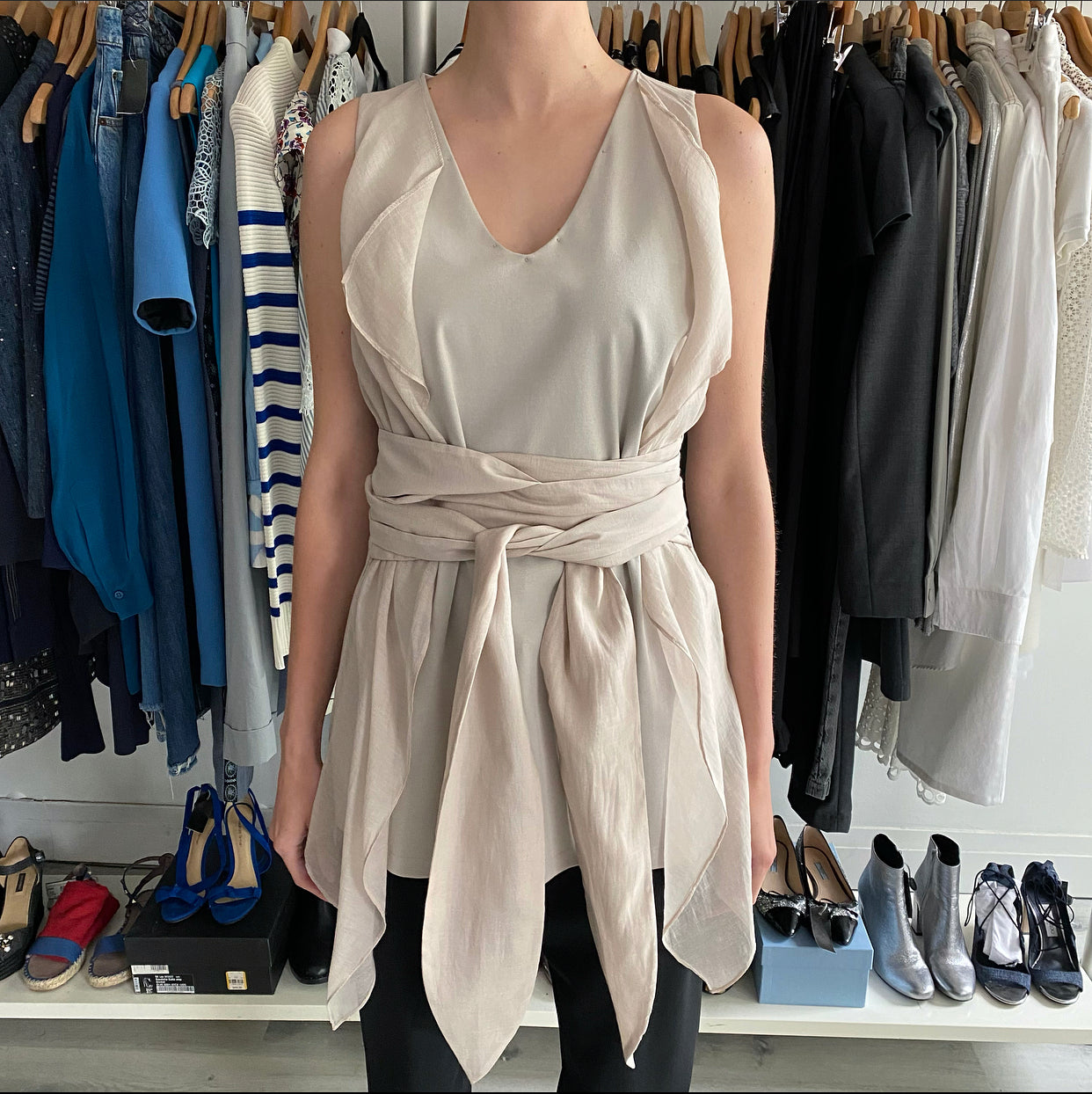 Brunello Cucinelli Women's Light Sand Taupe V-Neck Wrap Tank Top Size L (8/10) - Perfect for Summer Outfits, Beach Vacations & Casual Chic Style