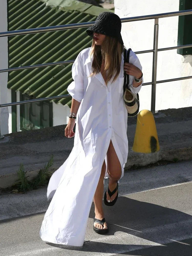Elegant White Split Long Sleeve Maxi Dress for Women - Lapel Single Breasted Casual Chic Lady Dress, Perfect for Office Wear, Evening Parties and High Street Fashion