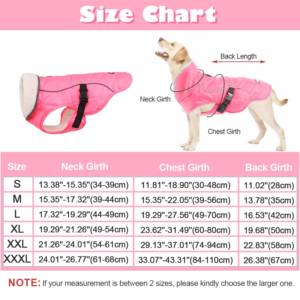 EMUST Waterproof Winter Dog Coat - Adjustable Small/Medium/Large Dog Jacket for Cold Weather, Pink Size L | Warm Snow Protection for Small Dogs Outdoor Walking & Winter Adventures