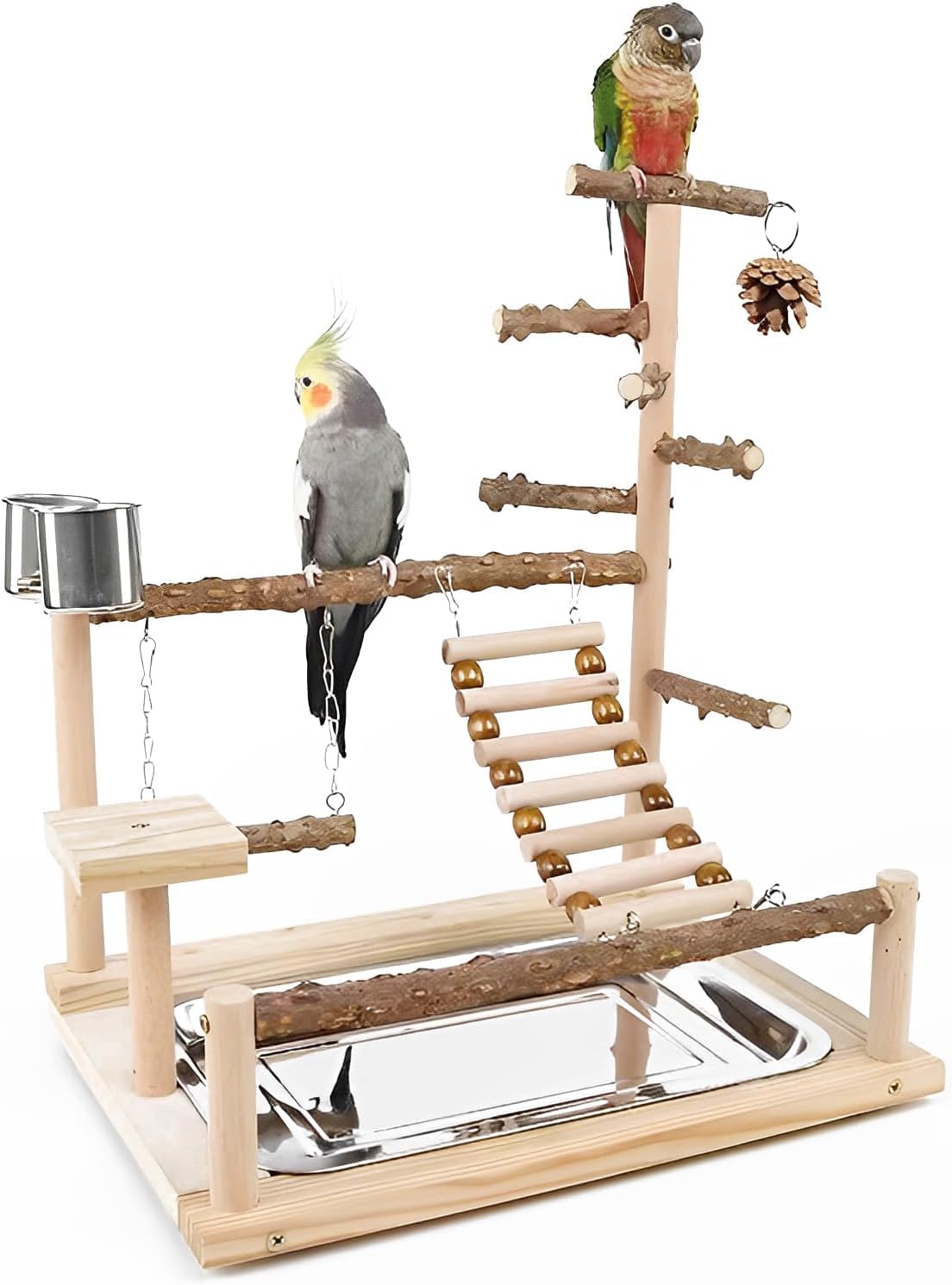Premium Wooden Parrot Playground Stand - Chewable Bird Perch, Ladder & Swing Toy with Bell & Feeder for Parrots, Cockatiels, Lovebirds | Interactive Bird Cage Accessories for Exercise & Entertainment