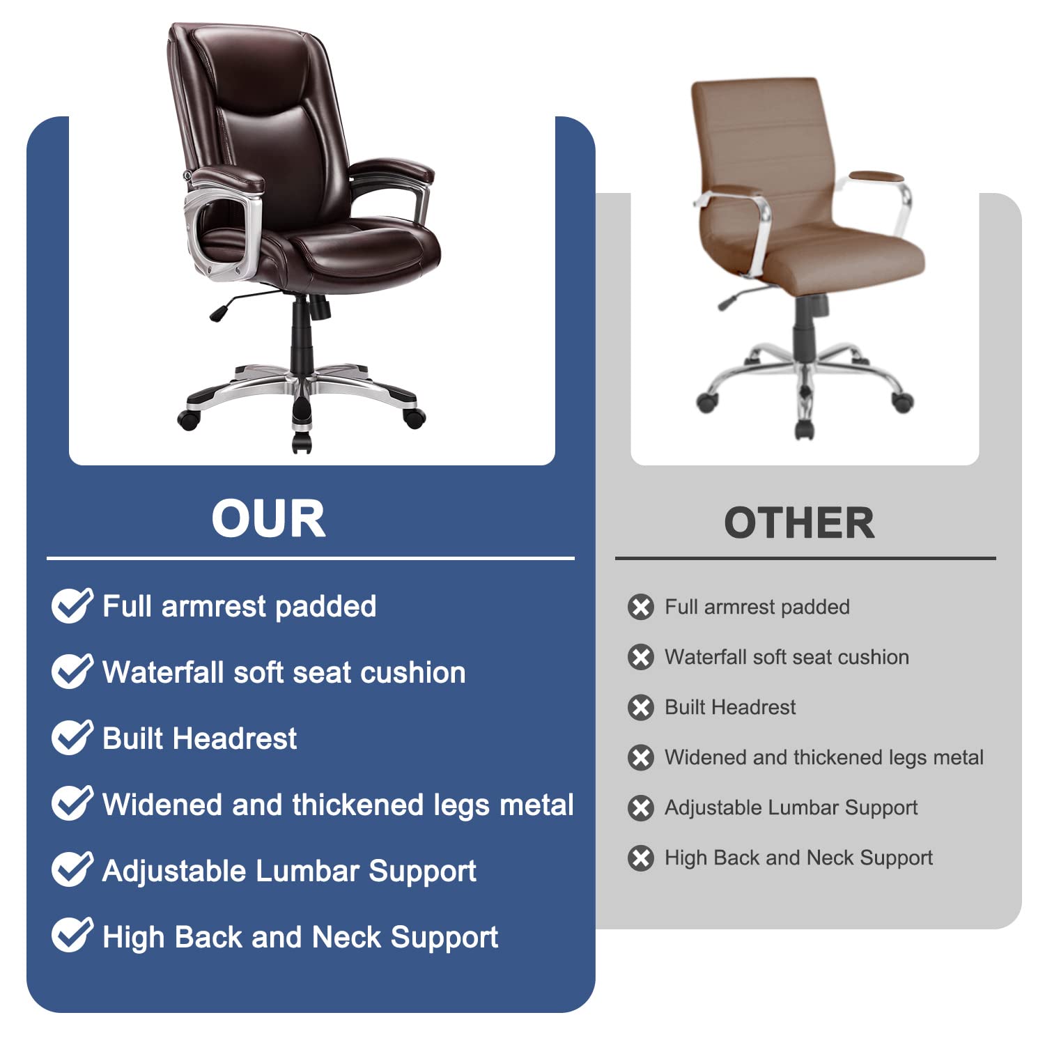 Ergonomic High Back Executive Office Chair - Adjustable Height & Lumbar Support, Faux Leather Swivel Desk Chair for Home & Office, Dark Brown - Perfect for Long Work Hours & Managerial Workspaces