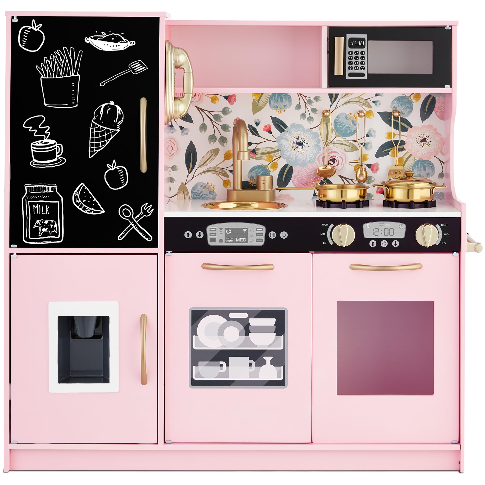 Best Choice Products Wooden Pretend Play Kitchen Toy Set for Kids - Realistic Design with Telephone, Utensils, Oven, Microwave & Sink - Pink Floral - Perfect for Imaginative Play, Role-Playing & Early Learning Development