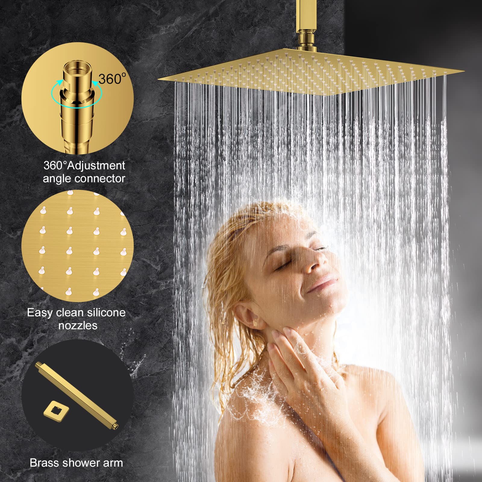 12 Inch Brushed Gold High Pressure Shower Head System with Rain Handheld Combo - Ceiling Mounted Dual Shower Faucet Set with Rough-in Valve Body & Trim - Perfect for Modern Bathroom, Spa-Like Shower Experience, and Luxury Home Renovation