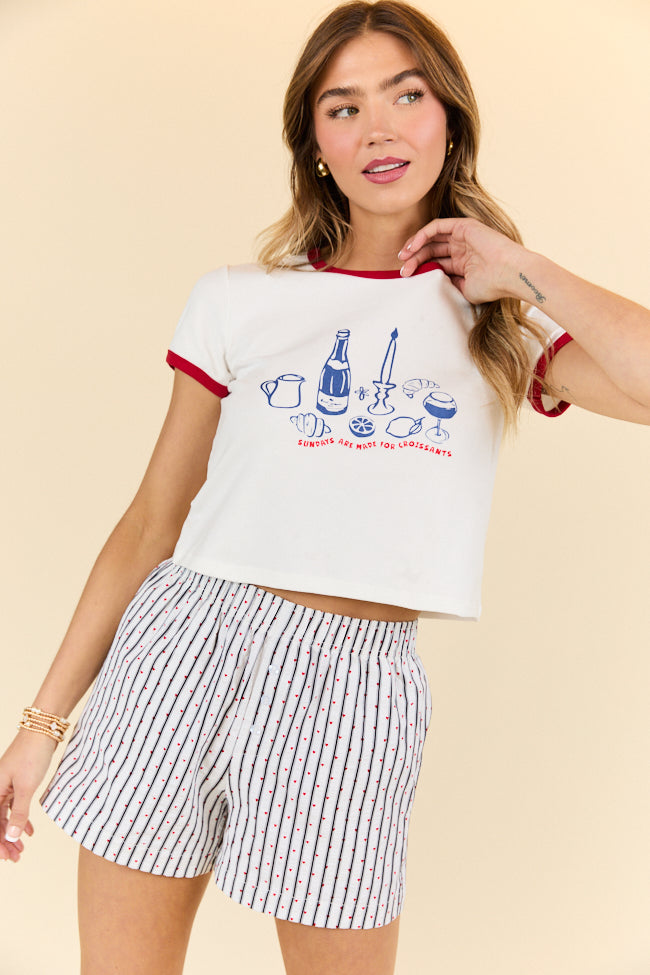 Stylish White Cropped Tee with 'Croissants For Dinner' Graphic - Trendy Casual Outfit for Women | Perfect for Streetwear, Date Night & Everyday Fashion