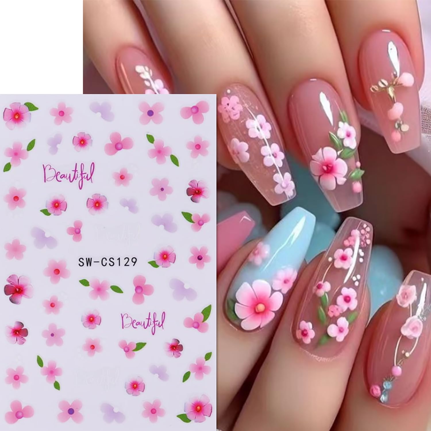3D Self-Adhesive Lavender Floral Nail Stickers - 6PCS Spring Nail Art Decals with Pink Blue Flower Designs | DIY Nail Decorations for Women | Perfect for Spring Parties, Weddings & Everyday Nail Art