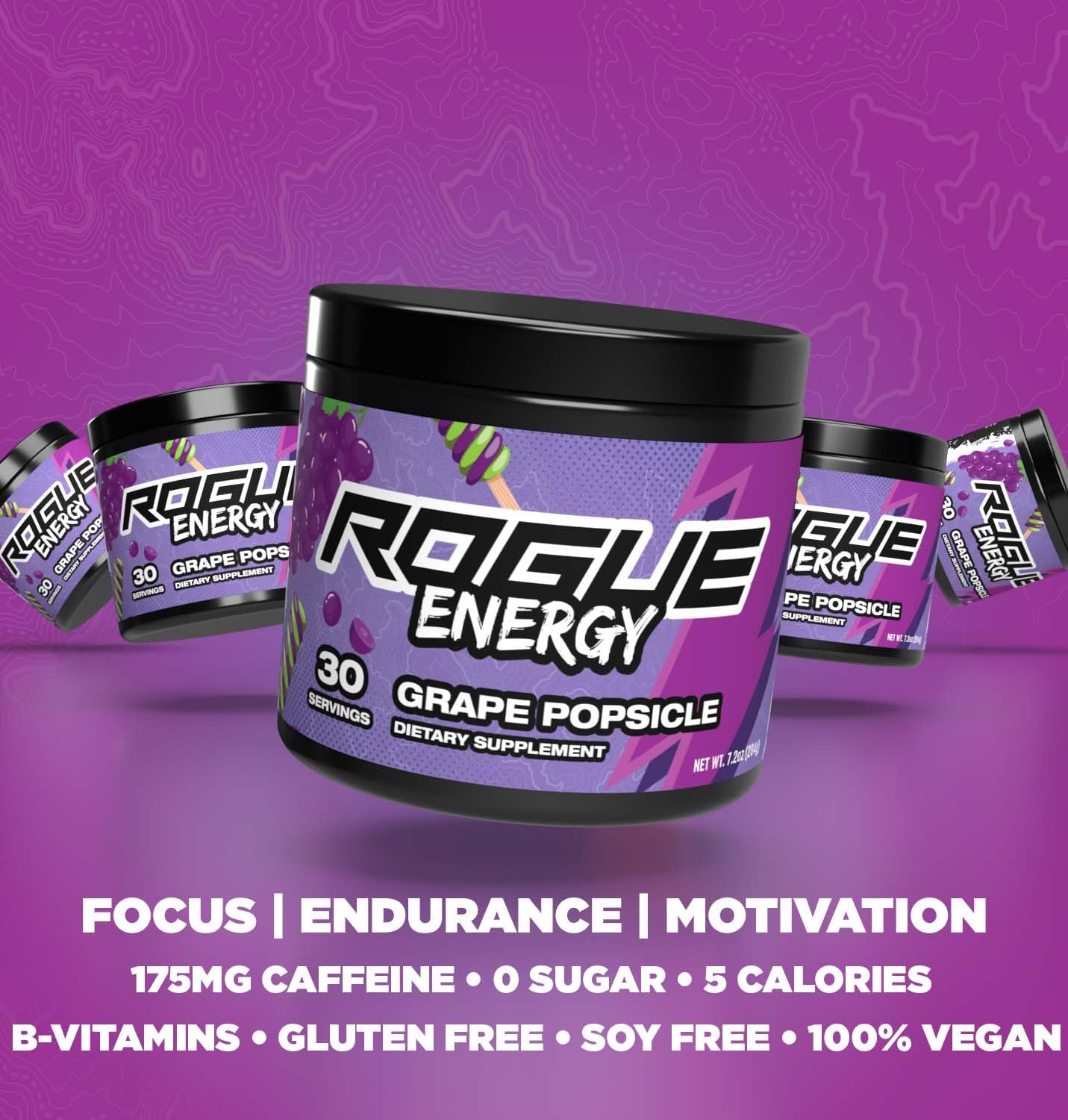 Rogue Energy Drink Powder for Gaming - Sugar Free, Gluten Free Energy Supplement with Caffeine & Vitamins - USA Made Grape Popsicle Flavor (30 Servings) - Boost Focus for Long Gaming Sessions, Workouts & Study
