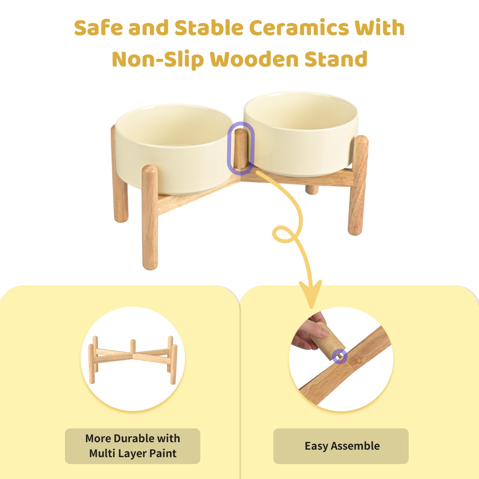 SPUNKYJUNKY Elevated Dog Bowls with Wooden Stand - 28.7oz Ceramic Raised Pet Food & Water Bowls for Small to Medium Dogs (Cream White) - Perfect for Dining Areas, Kitchens & Pet Feeding Stations