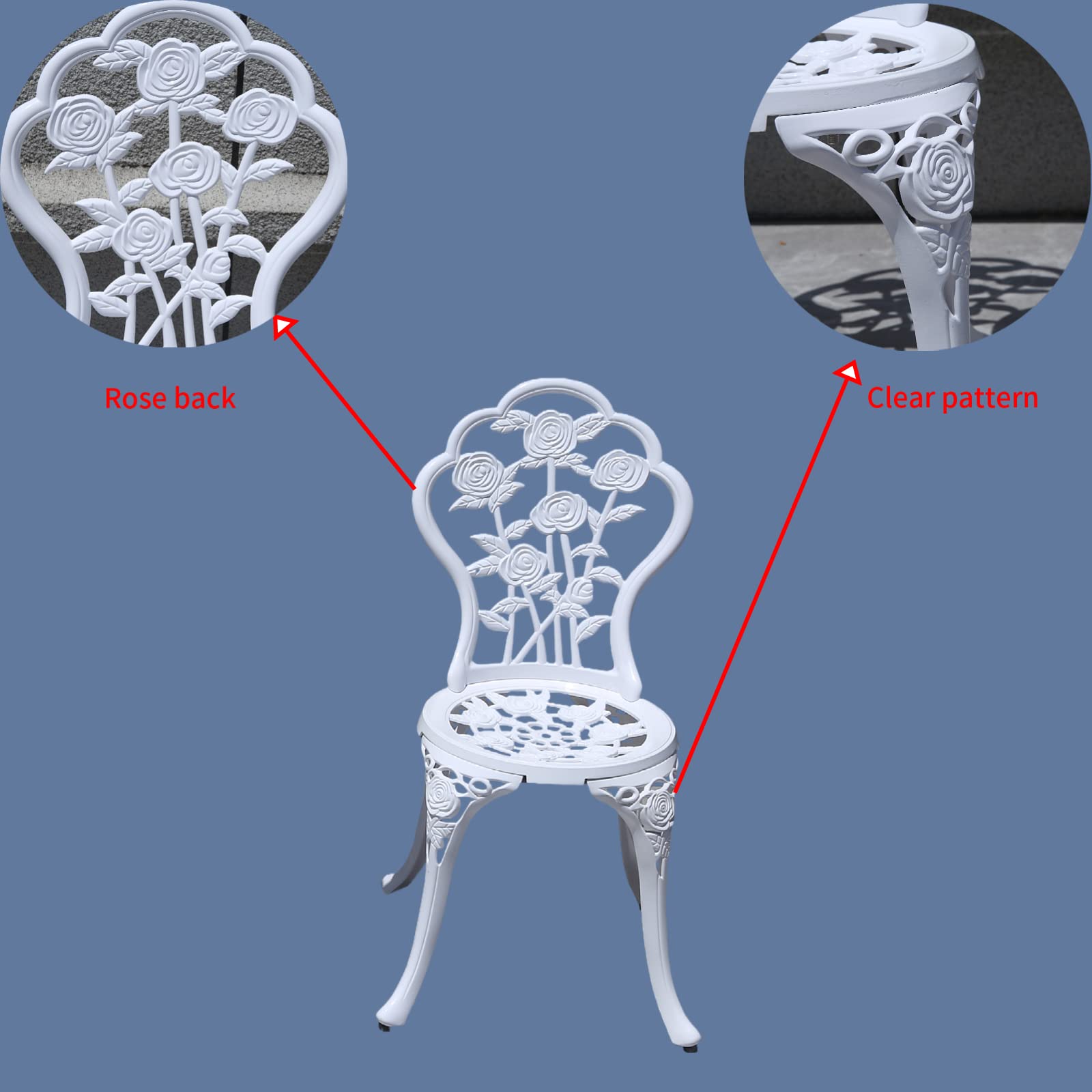 White Outdoor Bistro Set with Rose Pattern - 1 Table & 2 Chairs for Garden, Patio, Porch | Perfect for Small Spaces, Balcony Dining & Backyard Tea Parties