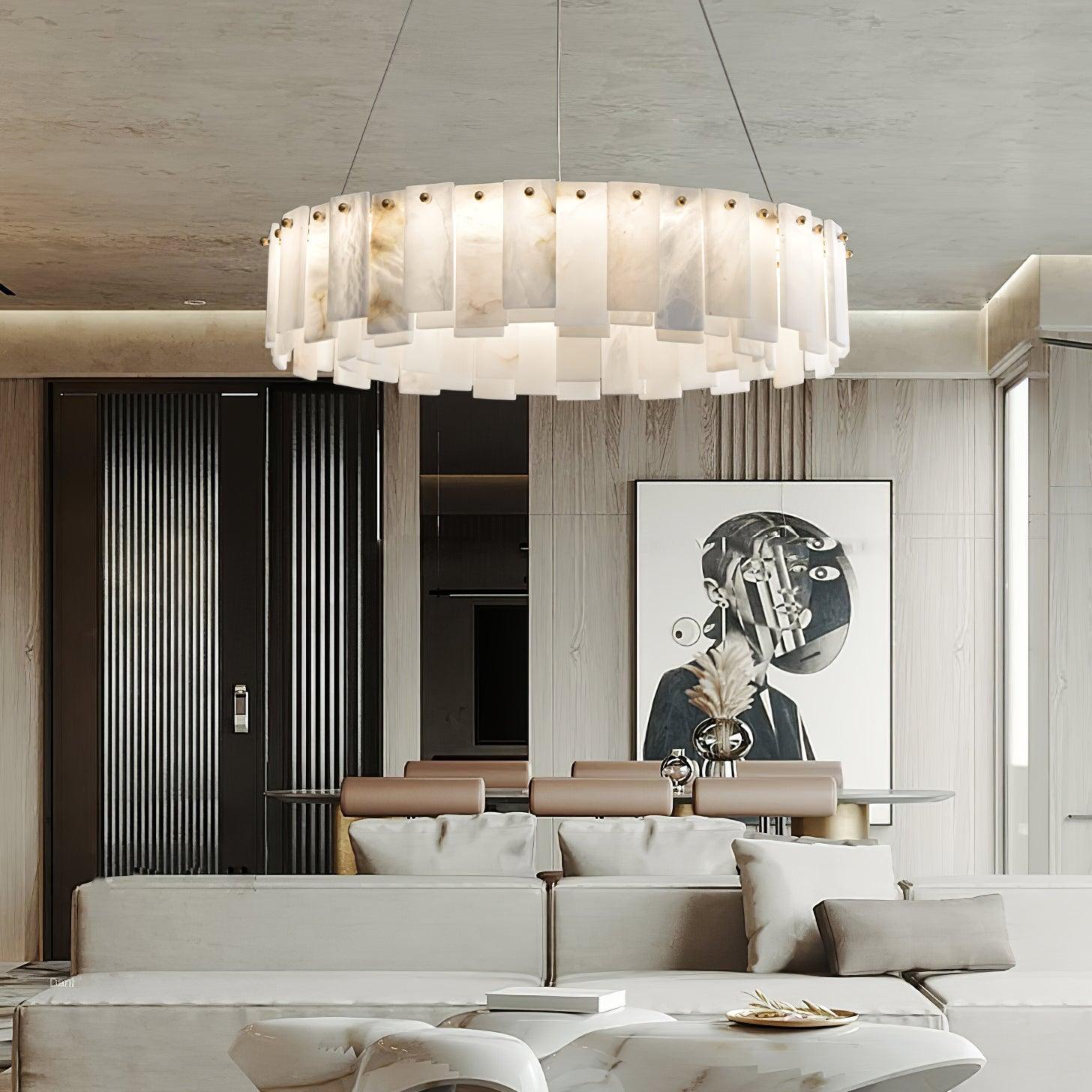 Celestial Alabaster Round Chandelier - Modern Crystal Ceiling Light Fixture for Dining Room, Bedroom & Living Room Decor | Elegant Lighting for Home & Wedding Venues