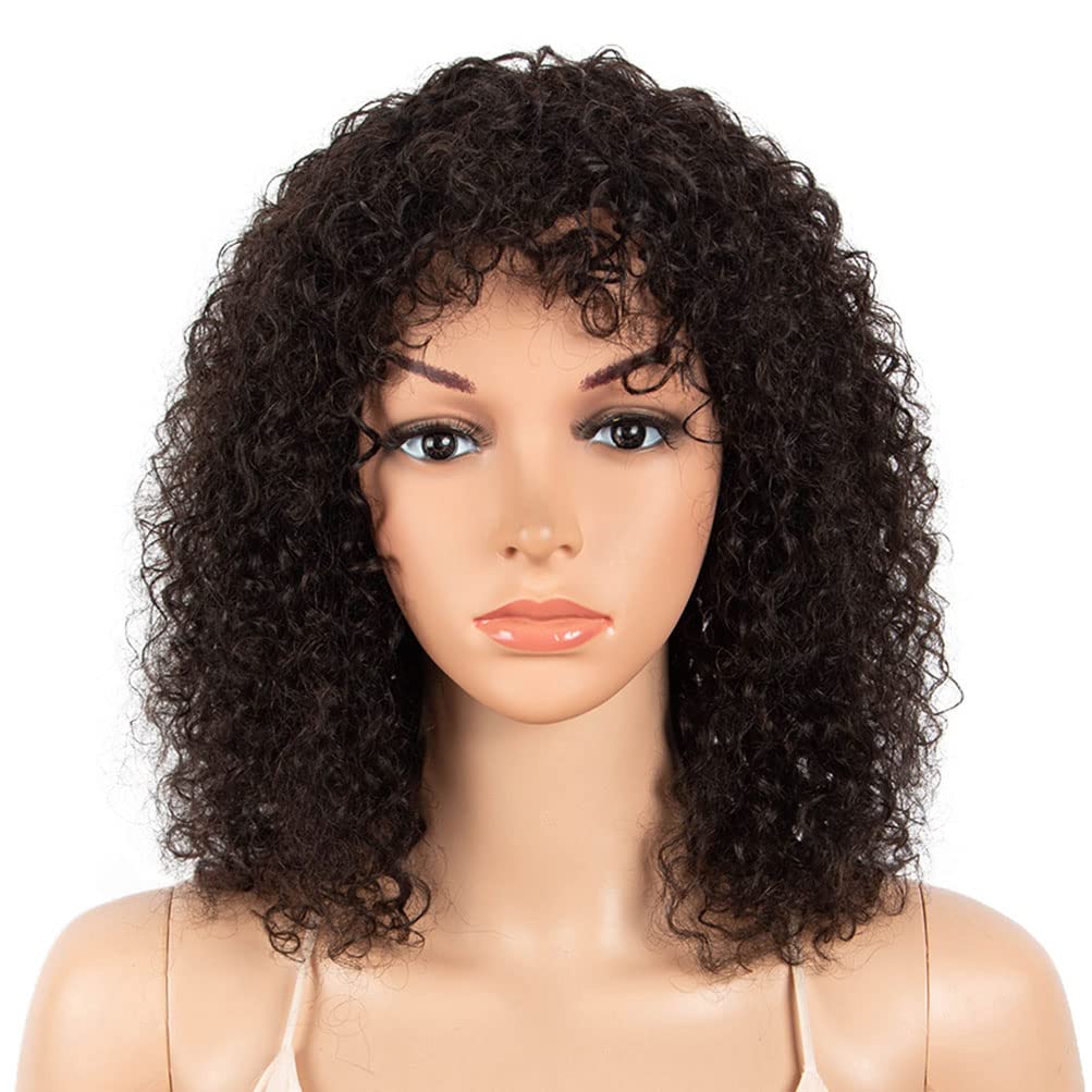 Short Curly Afro Wigs for Black Women - 100% Human Hair Wigs with Bangs (14 Inches, Natural Black) | Perfect for Daily Wear, Cosplay & Special Occasions