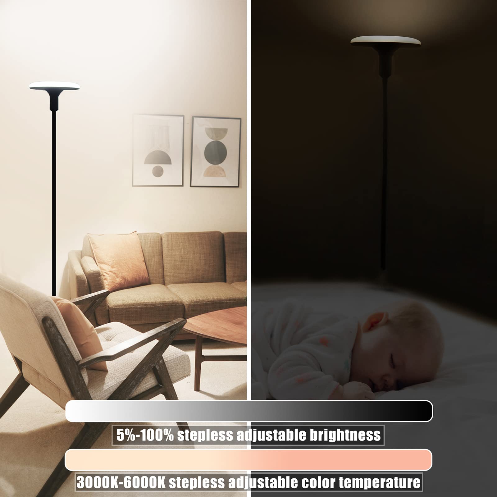 Bright Sky LED Torchiere Floor Lamp with Adjustable Gooseneck & Remote Control - Dimmable Modern Standing Light for Living Room, Bedroom, Office - Perfect for Reading, Relaxing & Ambient Lighting