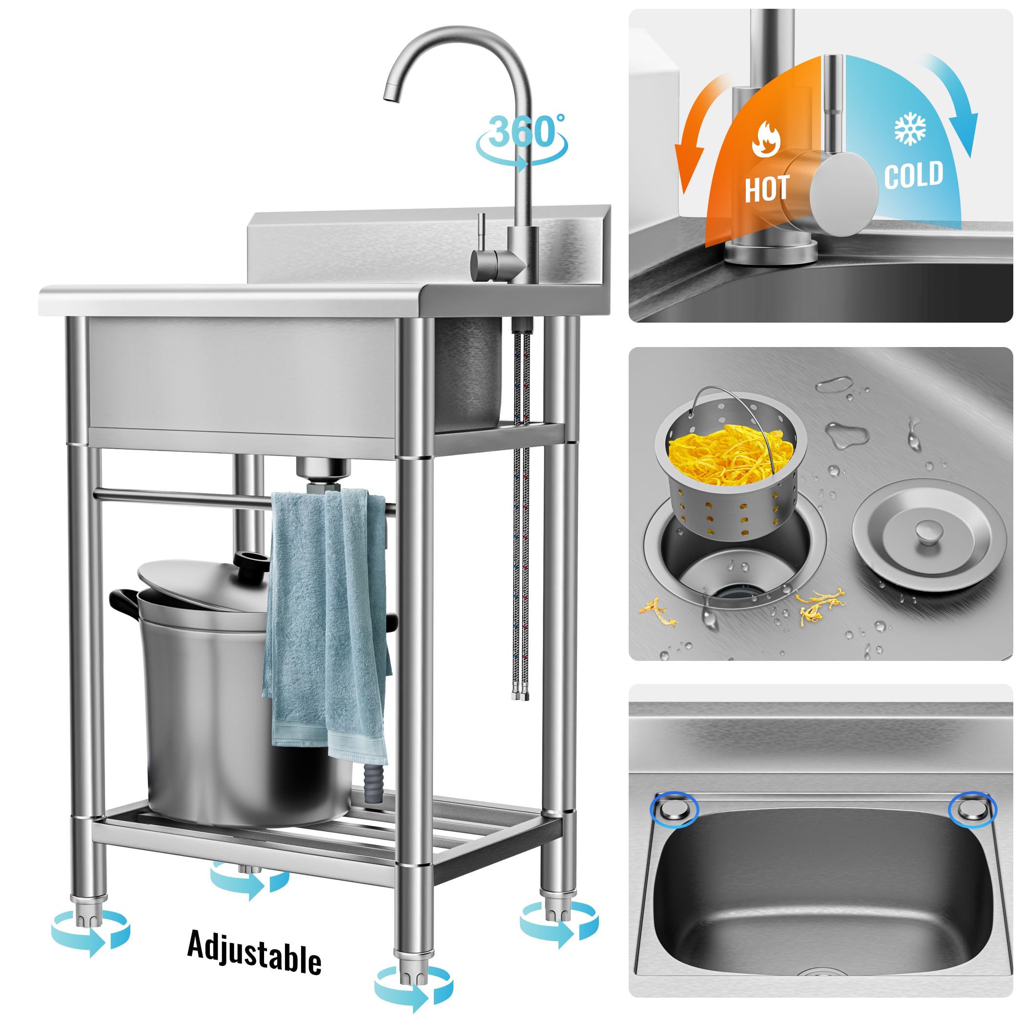 Stainless Steel Utility Sink with Single Bowl - Free Standing Kitchen Sink for Laundry Room, Bathroom & Farmhouse | Hot & Cold Water Pipes Included | Perfect for Washing Clothes, Cleaning Tools & Outdoor Use
