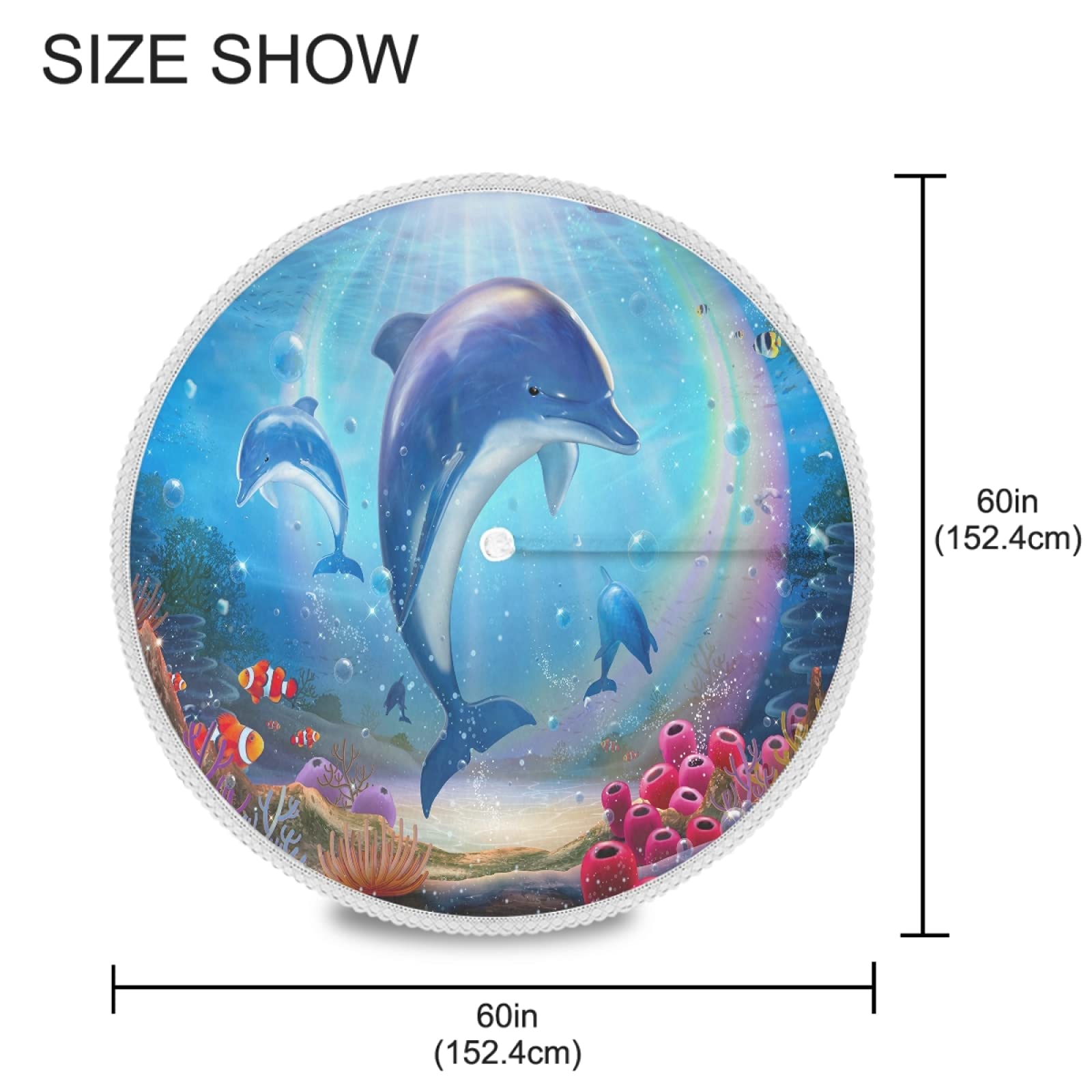 Vibrant Rainbow Dolphin Ocean Coral Reef Round Outdoor Tablecloth - 60 Inch Waterproof Patio Table Cover with Umbrella Hole & Zipper for Backyard BBQ, Picnic, Beach Parties & Poolside Dining