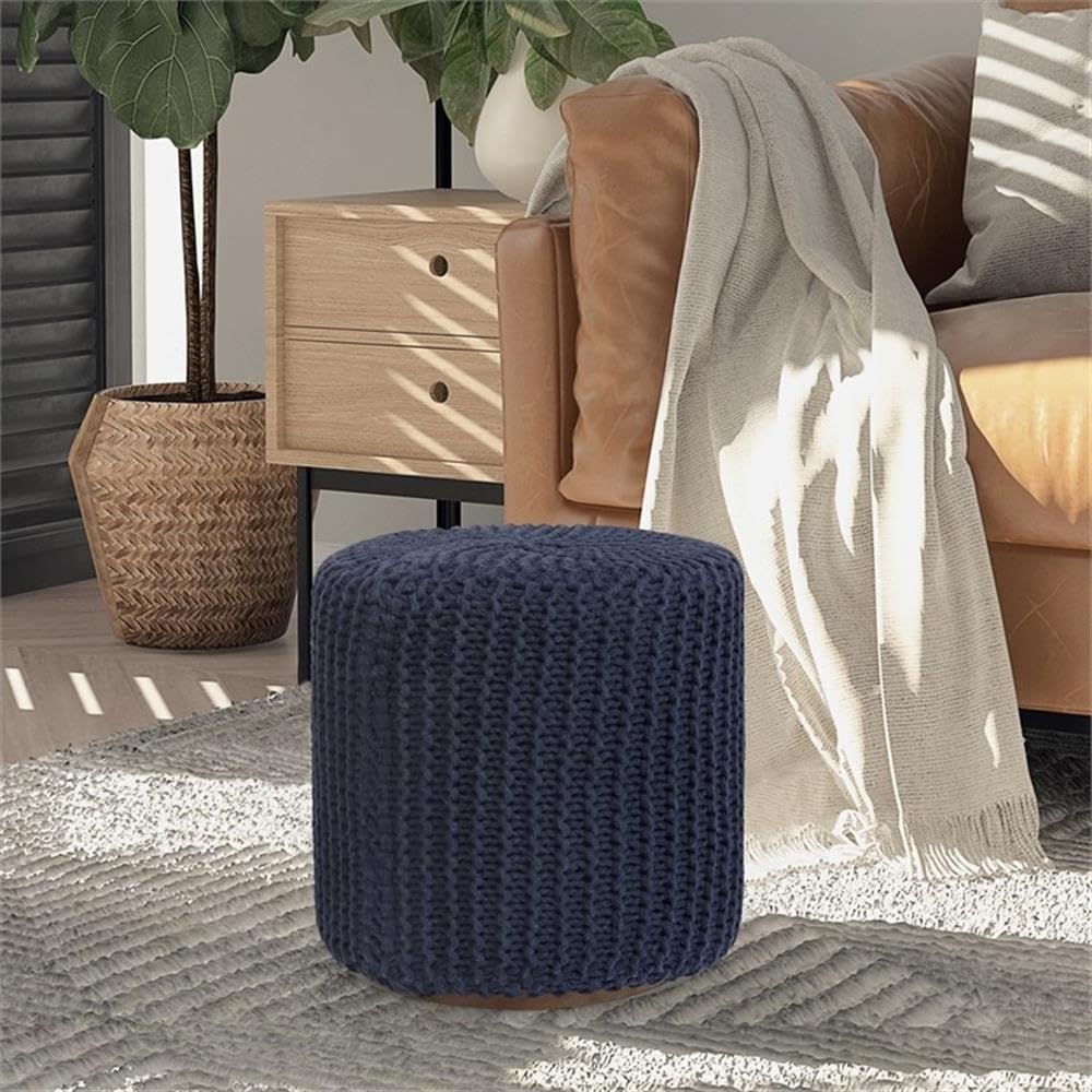 Brayton 3-in-1 Cotton Yarn Pouf Ottoman End Table - Navy Blue Multi-Functional Footstool for Living Room, Bedroom & Nursery Decor