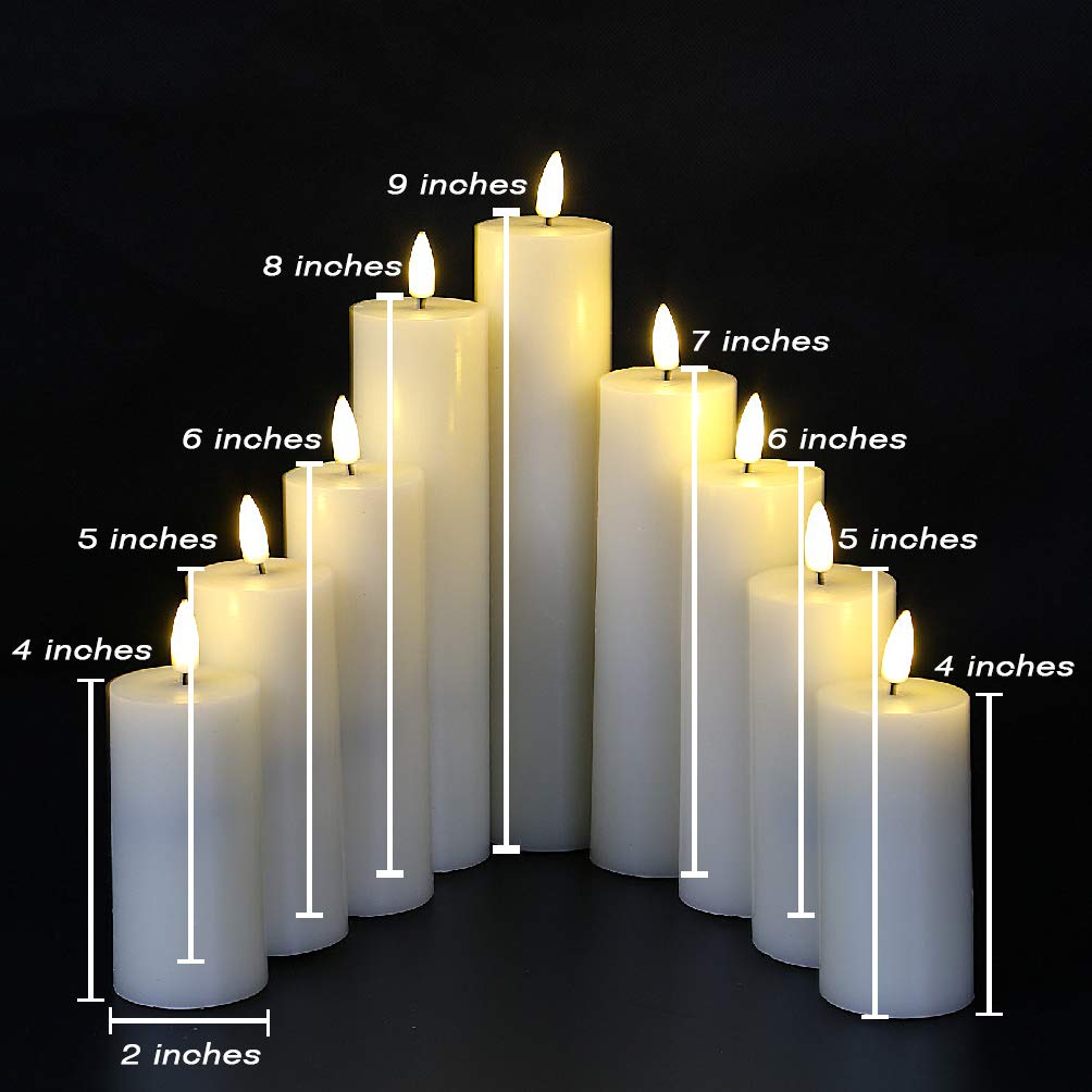 Eywamage Realistic Ivory Slim Flameless Pillar Candles with Remote - Set of 9 LED Battery Operated Fireplace Candles with Real Wax Flickering Effect for Home Decor, Wedding, Dining Table & Romantic Ambiance