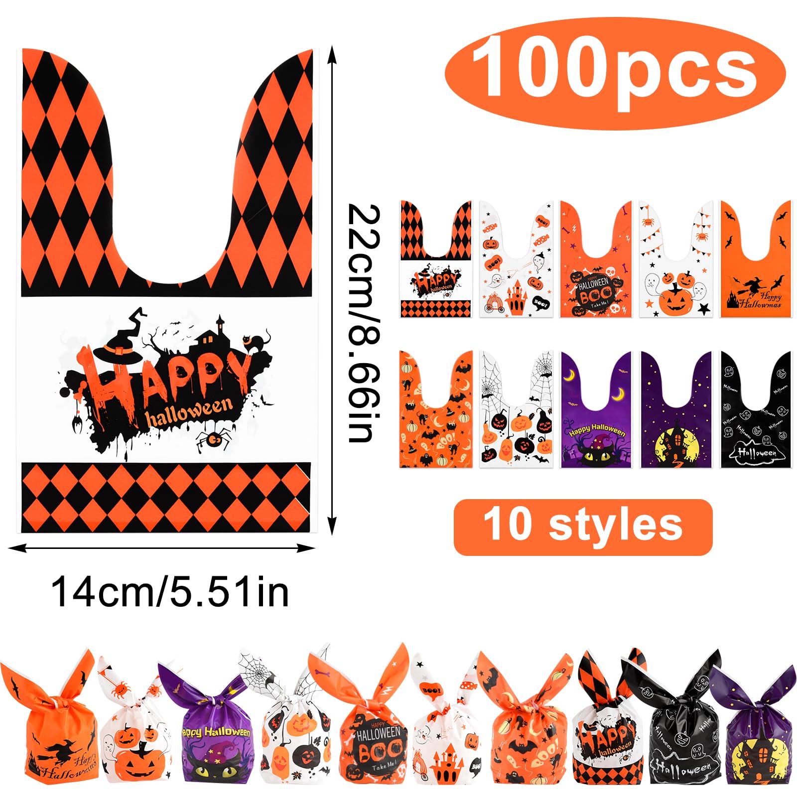 100 Pcs Halloween Candy Bags with Rabbit Ears - Pastry, Cake & Cookie Packaging - Multicolor Party Favors for Halloween Celebrations, Trick or Treat & Gift Giving
