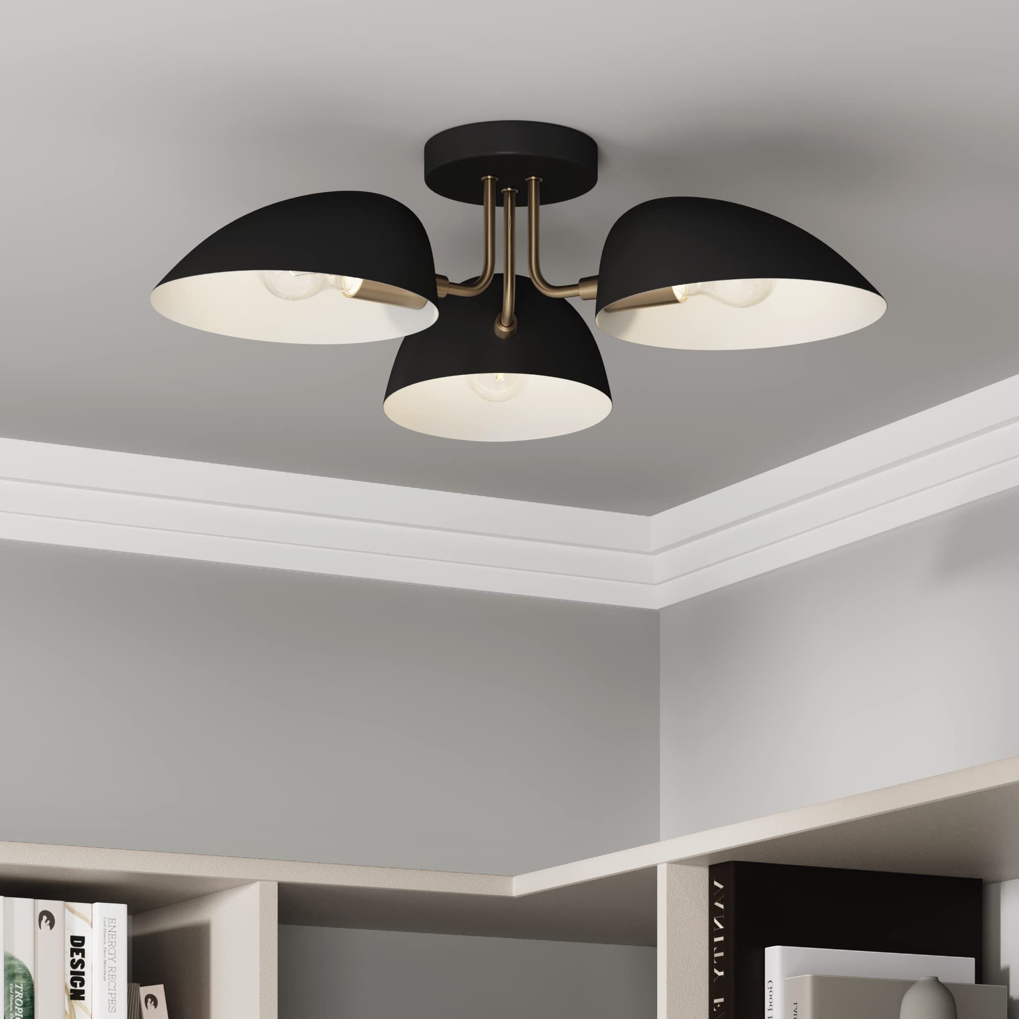 Nathan James Argo Semi Flush Mount Ceiling Light - 3-Light Modern Retro Fixture with Black Rounded Shades, Brass Gold & Black Finish - Perfect for Hallway, Dining Room, Bedroom Lighting & Vintage Home Decor