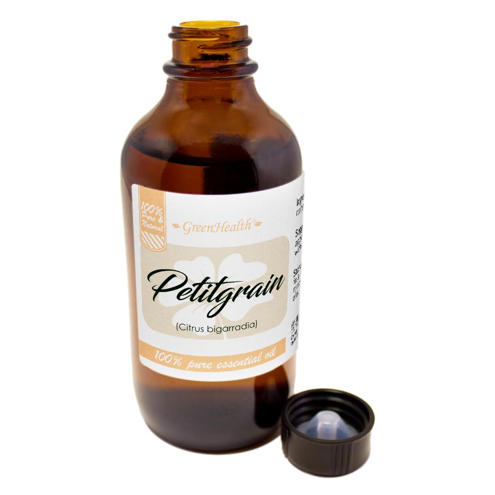 100% Pure Petitgrain Essential Oil - 4 fl oz (118 ml) Glass Bottle with Dropper Cap - Aromatherapy, Diffuser & Massage Oil - GreenHealth - Perfect for Relaxation, Stress Relief & Skin Care