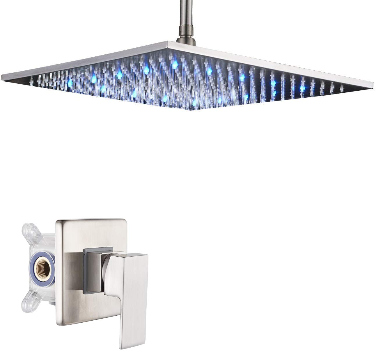 Rozin 16-inch Rainfall Shower Head Set with LED Light - Brushed Nickel Ceiling Mounted One-Way Mixer Kit for Modern Bathroom | Perfect for Spa-Like Experience & Water-Saving Showering