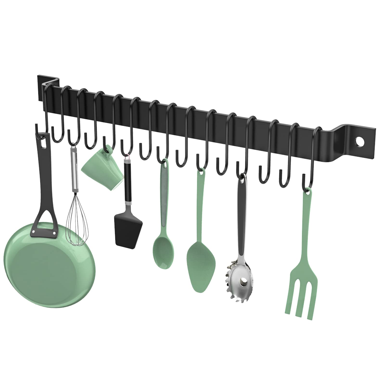 Housolution 16 Inch Black Wall Mounted Kitchen Rail with 15 Hooks - Heavy Duty Hanging Utensil Organizer for Spoons, Ladles & Cooking Tools - Perfect for Small Kitchens & Space Saving Storage