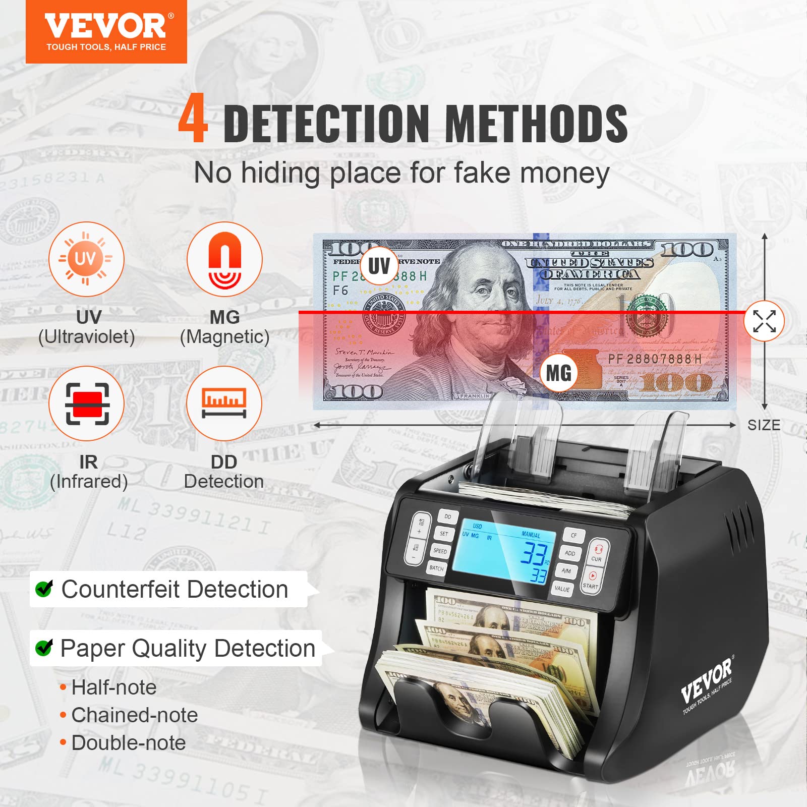 VEVOR Money Counter Machine with UV, MG, IR & DD Detection - USD/EUR Bill Counter with Add/Batch Modes & Large LCD Display - Perfect for Banks, Retail Stores & Cash-Intensive Businesses