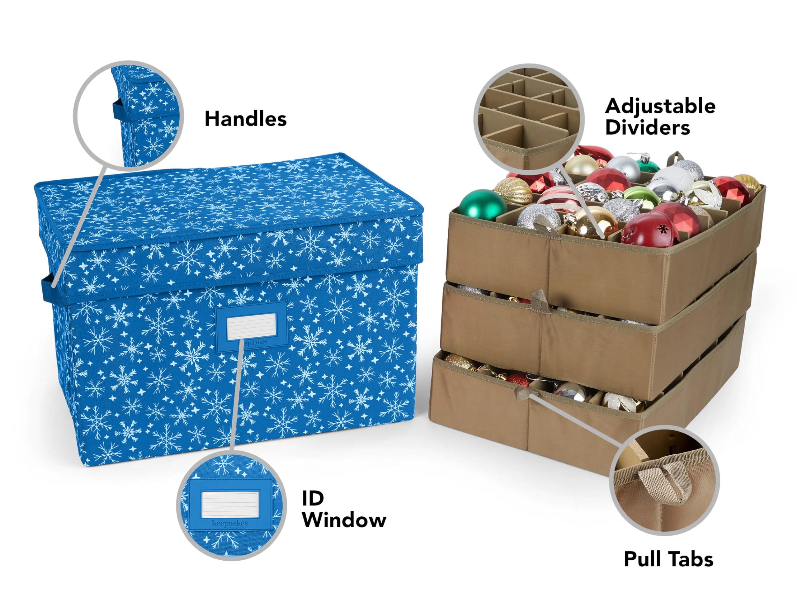 Covermates Keepsakes Adjustable Ornament Storage Box with Carrying Handles & Padded Protection - Holiday Decoration Organizer for Christmas Tree Ornaments (Blue Snowflake Design) - Perfect for Seasonal Storage & Home Organization
