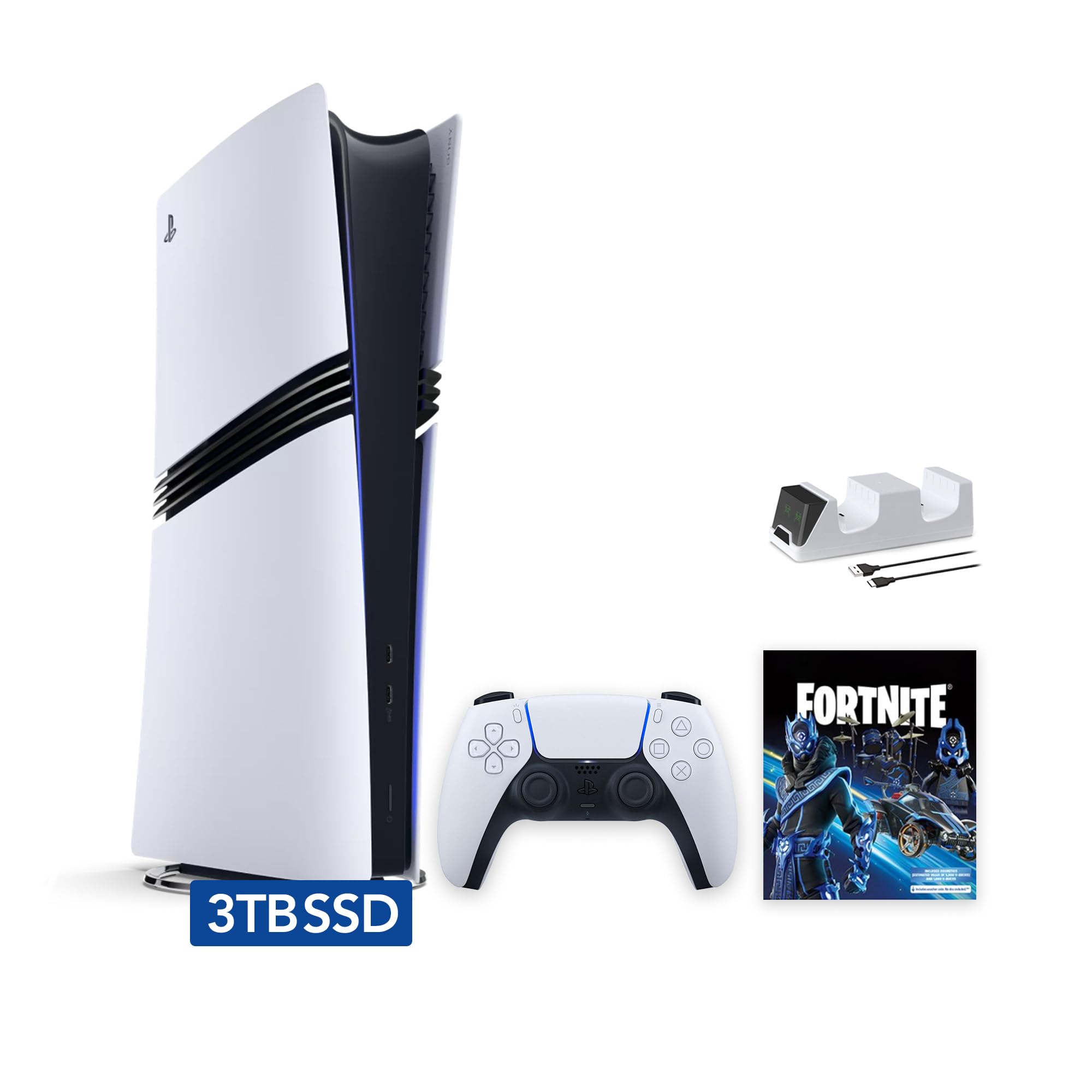 PlayStation 5 Pro 3TB Digital Edition Gaming Console - Fortnite Cobalt Star Bundle with Controller Charger (White) | High-Speed PCIe SSD, Flagship Pro PS5 for Ultimate Gaming Experience | Perfect for 4K Gaming, Streaming & Competitive eSports