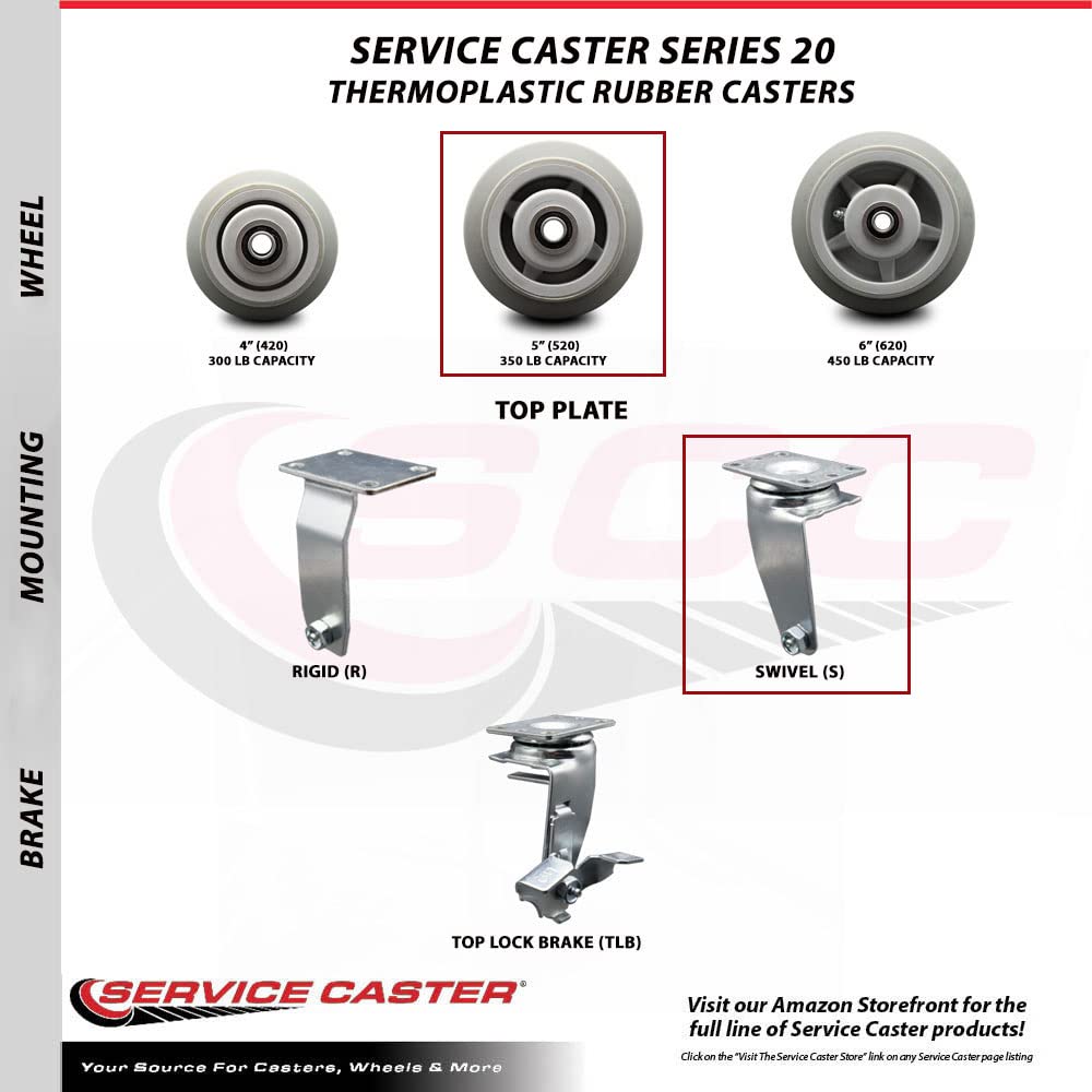 5 Inch Swivel Top Plate Caster Set with 2 Inch Gray Thermoplastic Rubber Wheels - Ball Bearing Heavy Duty Casters (1800 lbs Capacity) - Set of 4 for Industrial Equipment, Workbenches, and Furniture Movers