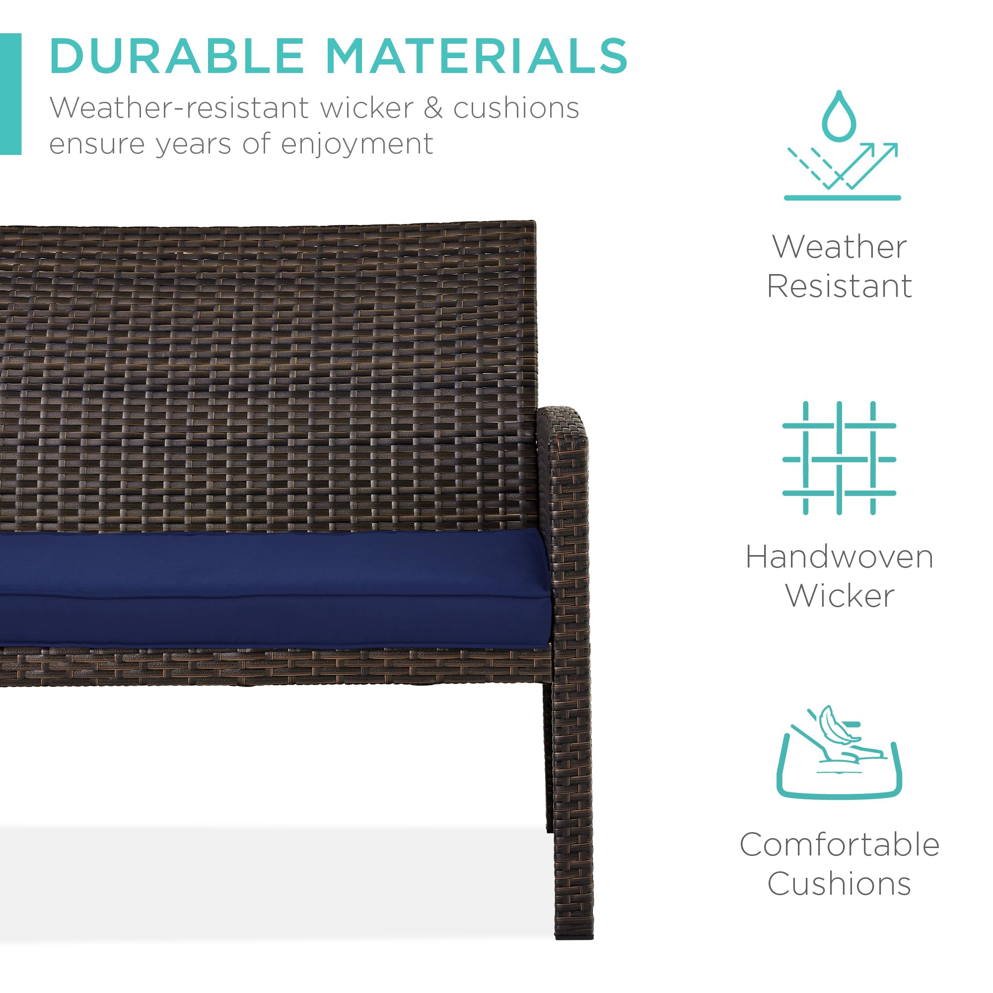 Best Choice Products 4-Piece Outdoor Wicker Patio Conversation Set with Coffee Table & Cushions - Brown/Navy - Perfect for Backyard, Garden, and Poolside Relaxation