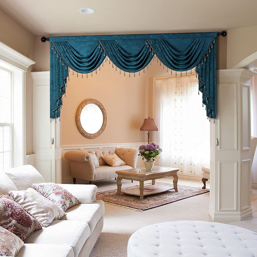 ELKCA Thick Chenille Window Curtain Valance - Peacock Blue Beaded Valance with Rod Pocket for Living Room & Bedroom (79 Inches Wide, 1 Panel) | Elegant Home Decor for Windows, Perfect for Living Spaces & Bedrooms