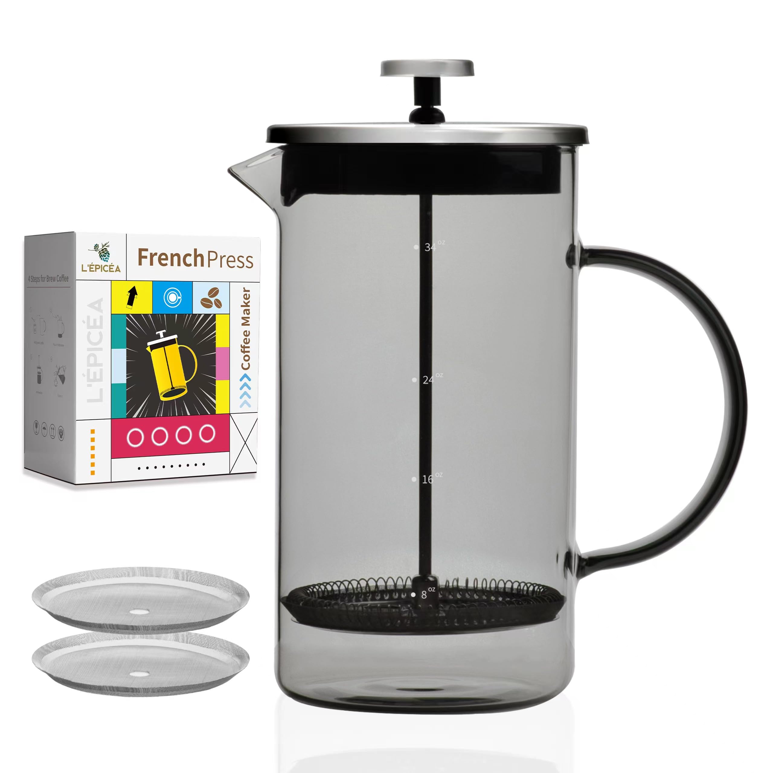 Premium French Press Coffee Maker 34 oz - Heat Resistant Borosilicate Glass with 4-Stage Stainless Steel Filter - Ideal for Home, Office & Camping Coffee Brewing