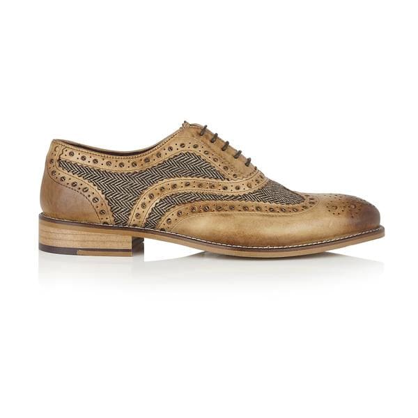 London Brogue Gatsby Leather Brogue Tan/Tweed Men's Dress Shoes - Classic Vintage Style for Formal Events & Business Occasions