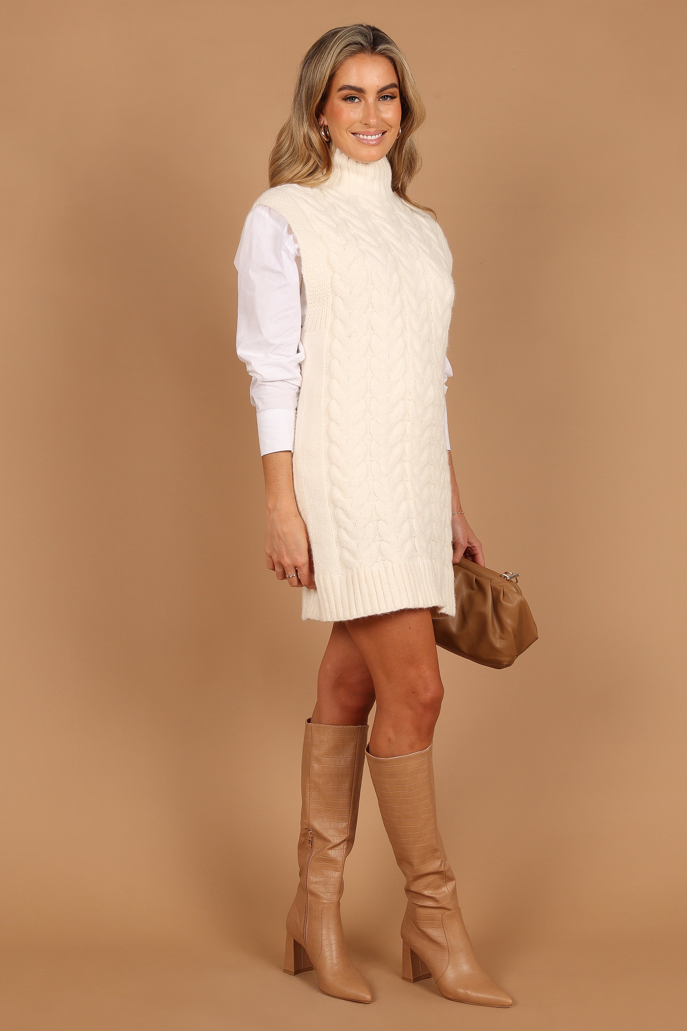 Cozette Women's Sleeveless Mini Knit Dress with Turtle Neck - Cream | Casual Summer Dress for Beach, Party & Date Night