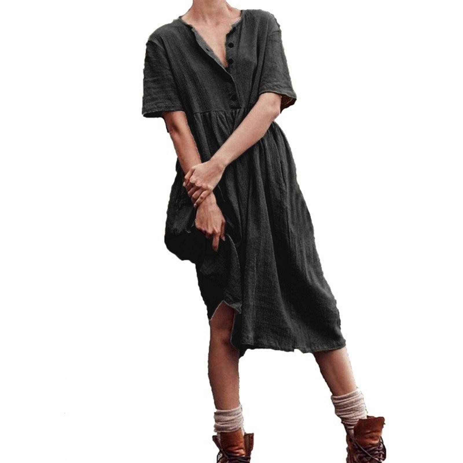 Women's Linen Dress - Comfortable Button-Down Cotton Linen Summer Dress, Casual Loose Fit Solid Color Short Sleeve Midi to Maxi Length - Perfect for Beach Vacations, Brunch Dates & Summer Outings