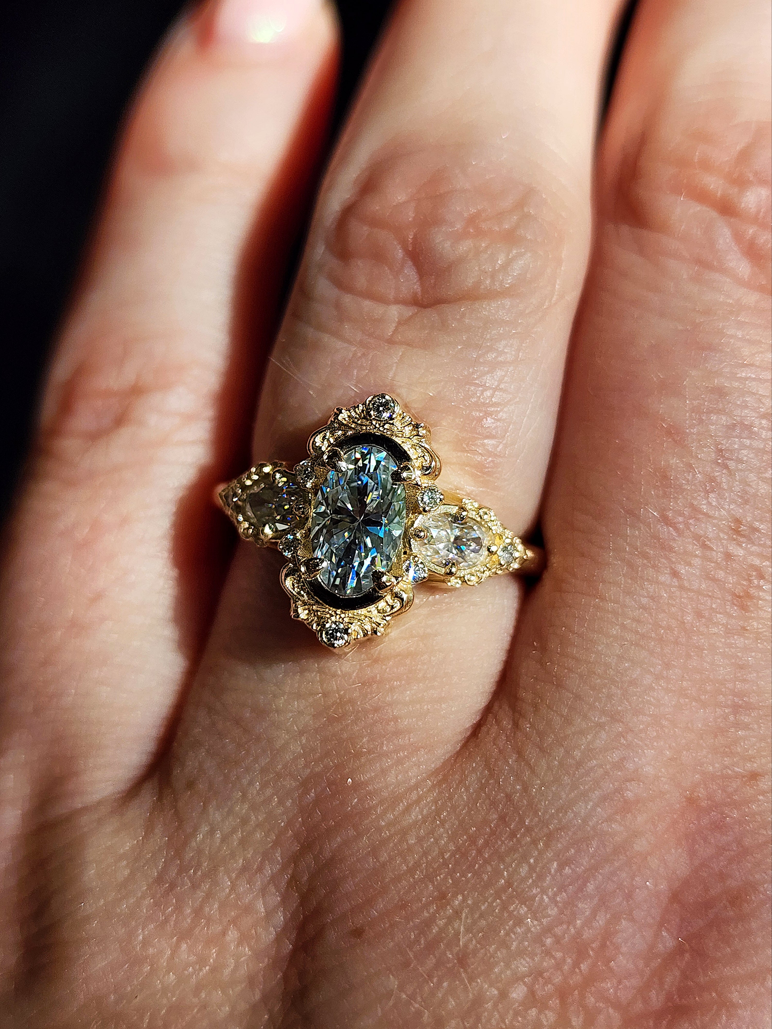 Handcrafted 14K Gold Josephine Oval Engagement Ring with Oval Side Stones & Gold Scrolls – Elegant Fantasy Jewelry for Weddings, Proposals & Special Occasions