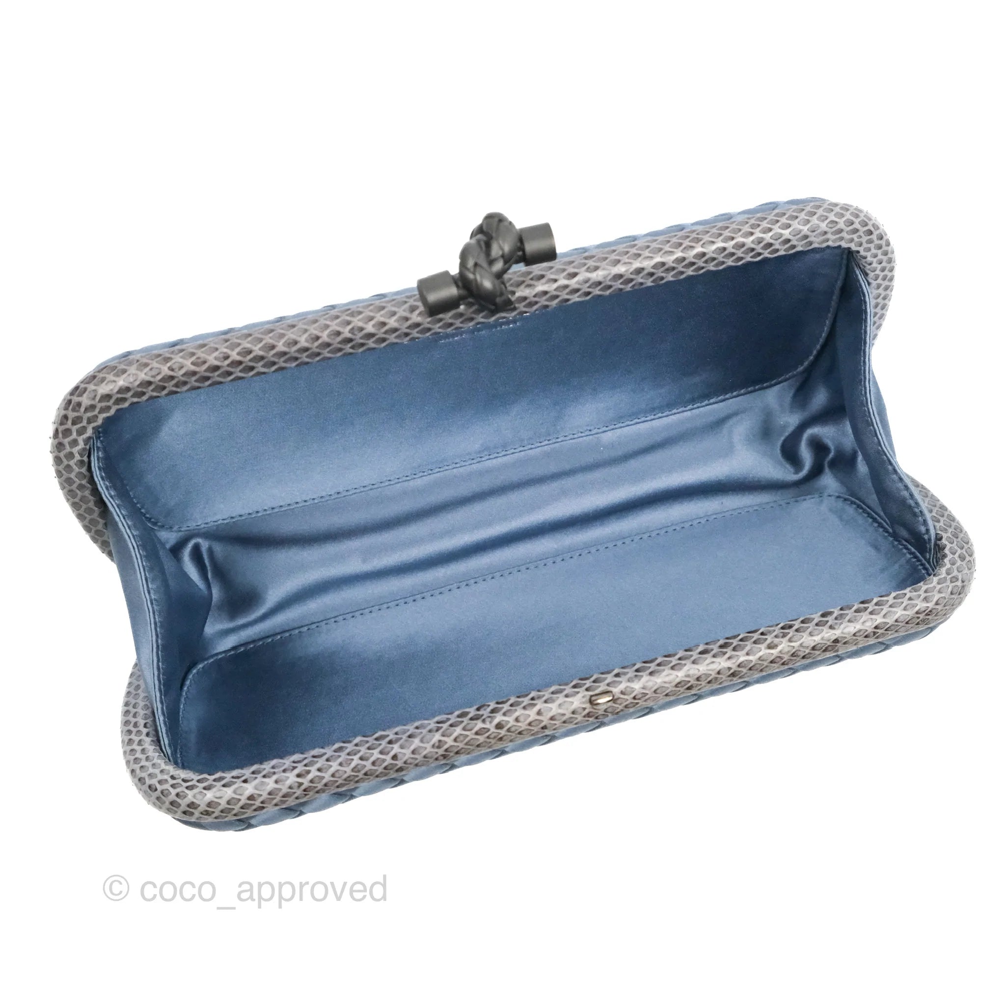 Bottega Veneta Ayers Satin Intreccio Stretch Knot Clutch Bag in Navy Blue | Luxury Evening Clutch for Women | Perfect for Parties, Weddings & Special Occasions