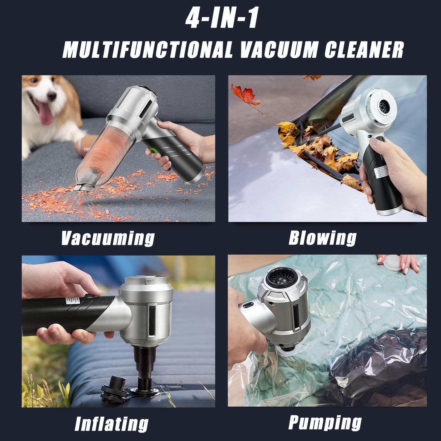 Cordless Handheld Car Vacuum Cleaner 21000PA - Portable Mini Vacuum with 4-in-1 Function (Air Duster, Blower, Cleaner, Inflator) | Brushless Motor | Foldable Design for Car, Home & Office Use | Perfect for Quick Cleaning, Pet Hair Removal & Small Space Maintenance