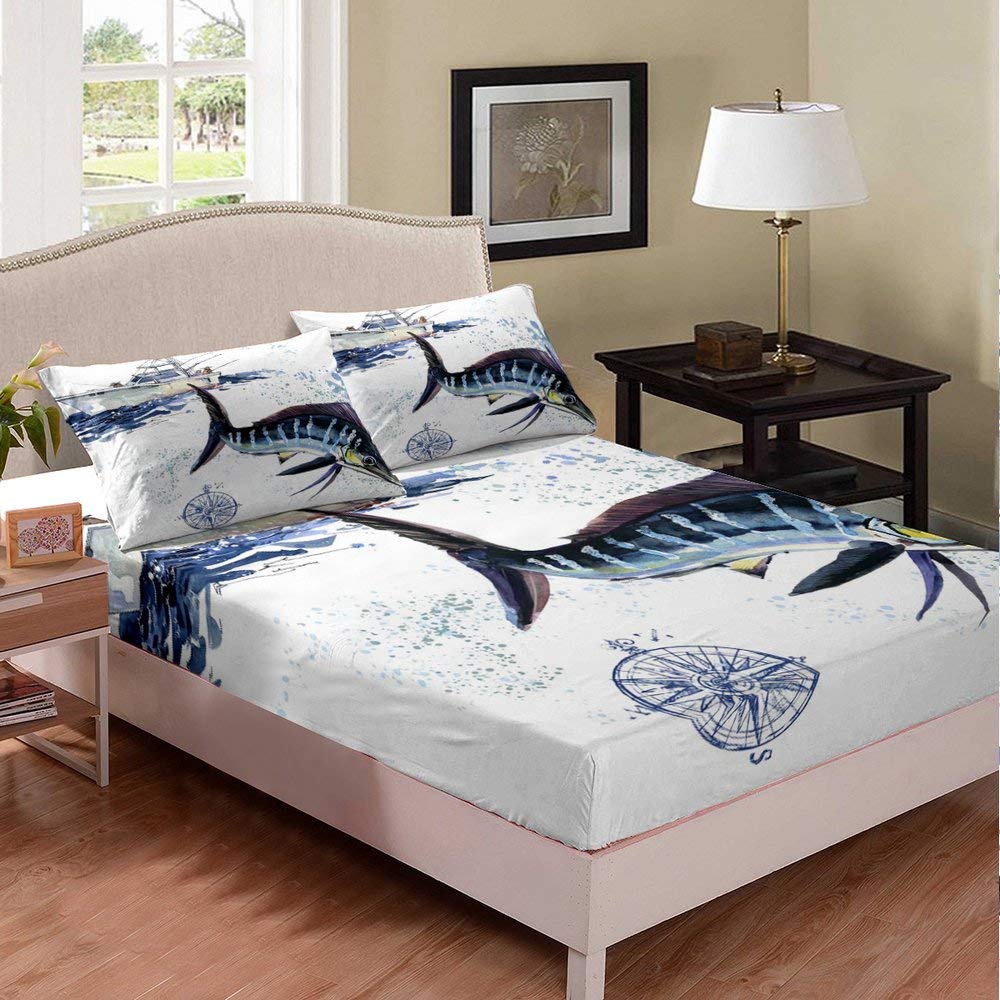 Kids Twin XL Boat Beach Bedding Set - Watercolor Fish Design Microfiber Fitted Sheets (2-Piece) | Nautical Themed Bedroom Decor for Boys & Girls | Perfect for Beach House, Summer Camp & Coastal Style Rooms
