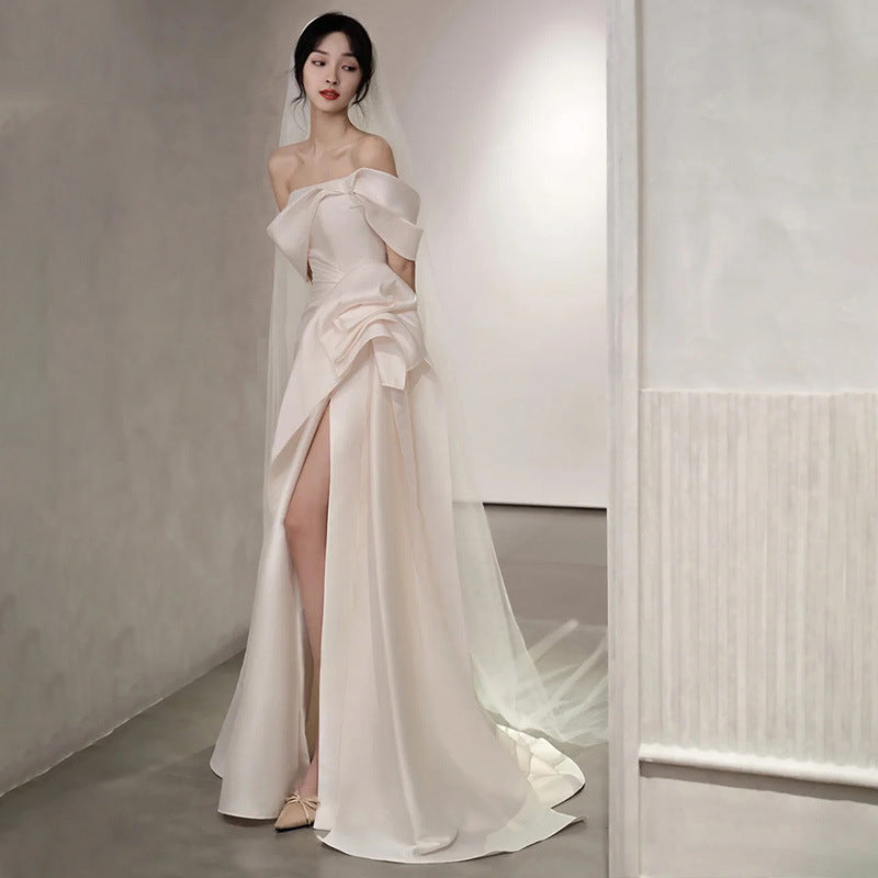 Elegant Off Shoulder Satin Mermaid Wedding Dress - White Long Prom Gown with High Slit | Perfect for Bridal, Formal Events & Evening Parties