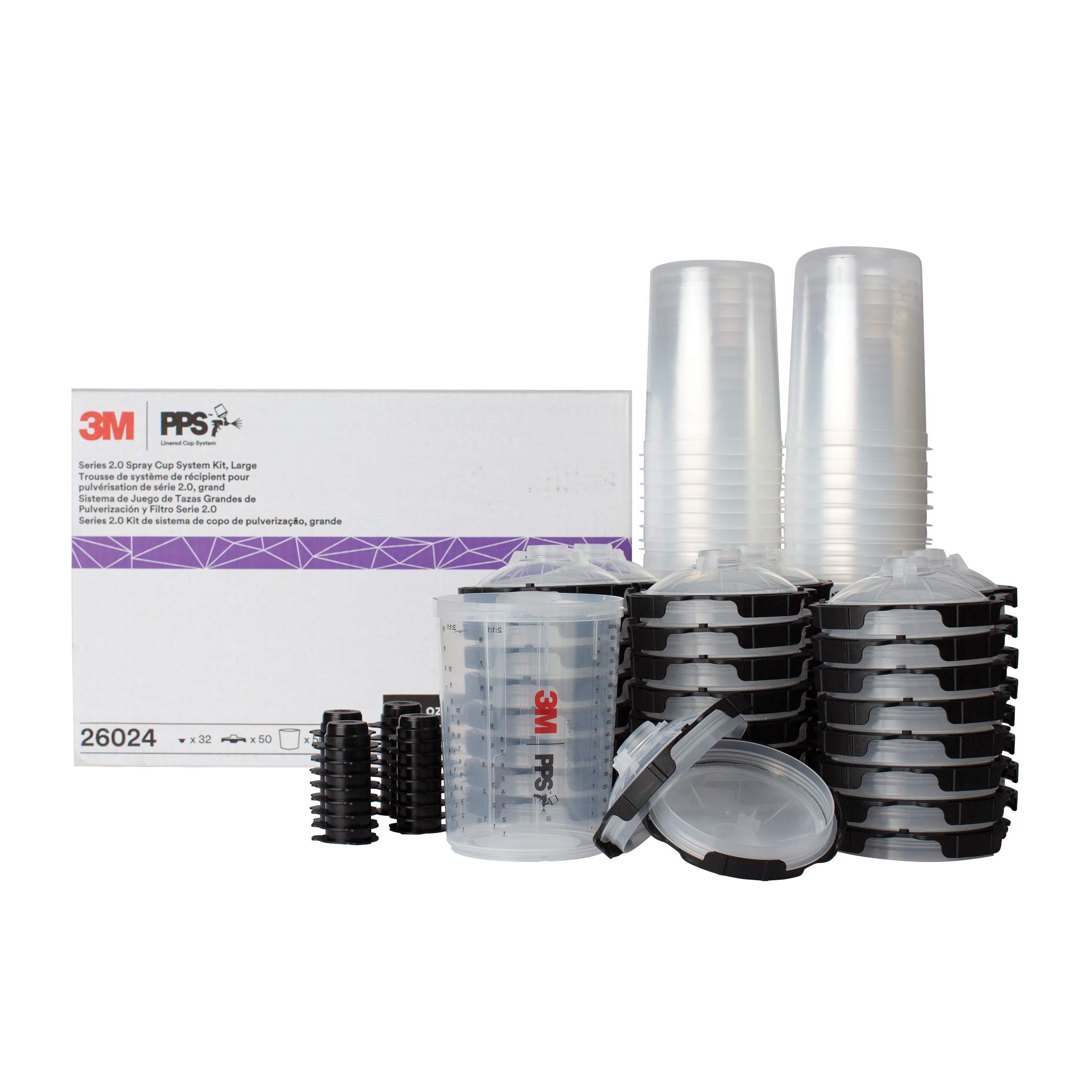 3M PPS 2.0 Spray Gun Cup System Kit - Large 28oz with 200-Micron Filter, Includes 1 Paint Cup, 50 Disposable Lids & Liners, 32 Sealing Plugs (26024) - Perfect for Automotive Painting, Furniture Refinishing & Home DIY Projects