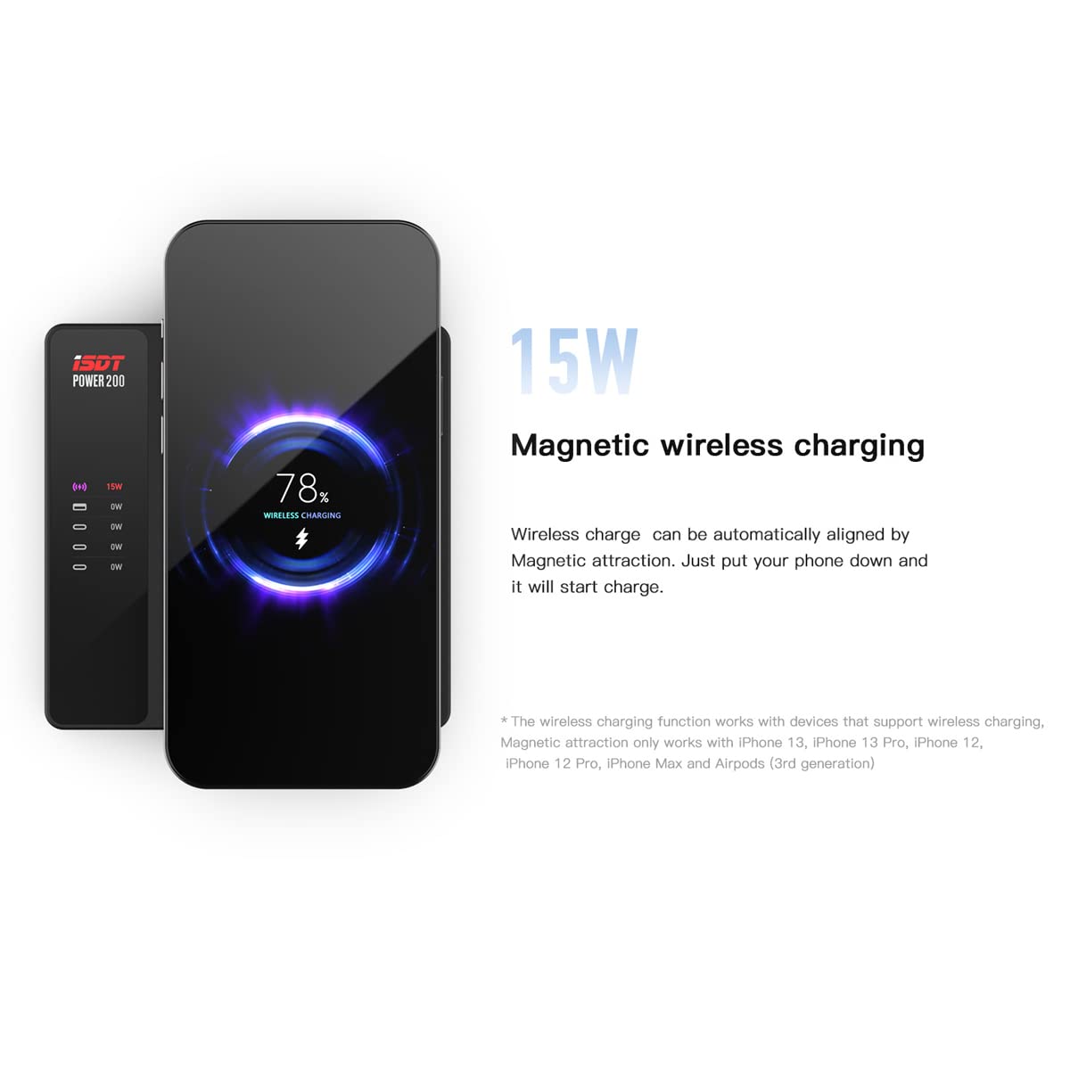 ISDT Power 200W USB-C Desktop Charger with 4 Ports & Wireless Charging | Fast Charging for iPhone, iPad, Apple Watch, Samsung Galaxy | Perfect for Office, Travel, and Home Use