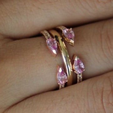 14K Yellow Gold Pink Topaz Pear Open Cuff Ring - Elegant Dainty Jewelry for Women, Perfect for Weddings, Anniversaries & Special Occasions