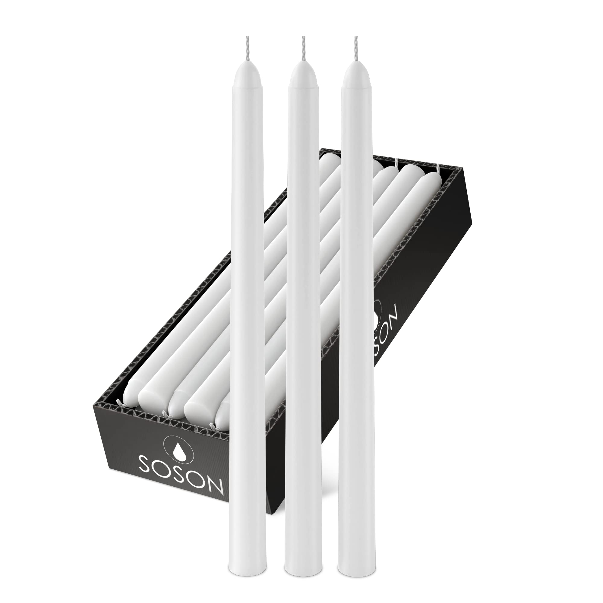 Simply Soson Premium 10 Inch White Taper Candles - Dripless Long Candles for Dining, Weddings & Holidays (12 Pack) | Elegant White Candlesticks for Centerpieces, Romantic Dinners & Fall Decor