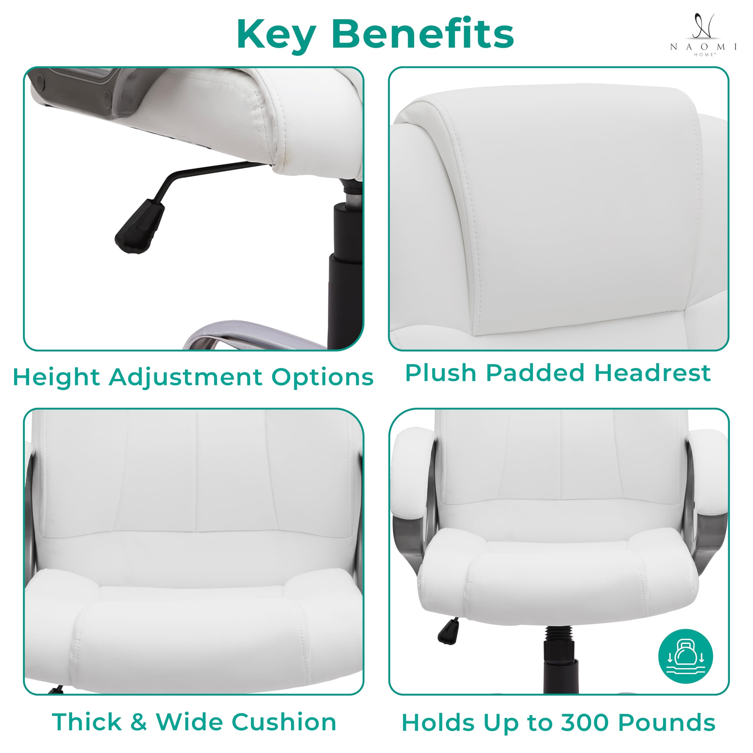 Premium Naomi Home Halle Executive Office Chair - High Back Ergonomic Desk Chair with Adjustable Height, Tilt & 360° Swivel - Lumbar Support & Padded Armrests - White Leather Computer Chair for Home & Office Use - Ideal for Long Work Hours, Gaming & Study Sessions